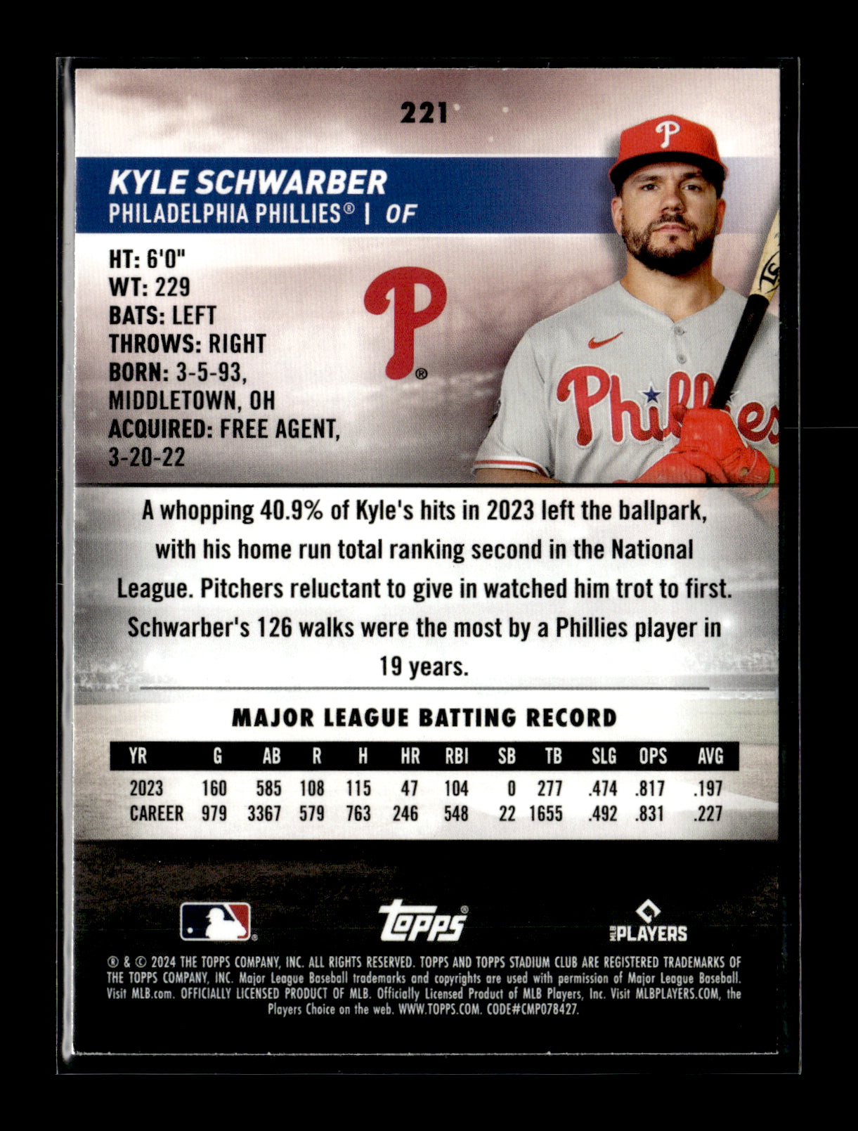 2024 Stadium Club Kyle Schwarber #221 Philadelphia Phillies