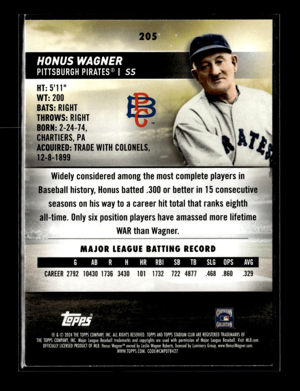 2024 Stadium Club Honus Wagner #205 Pittsburgh Pirates