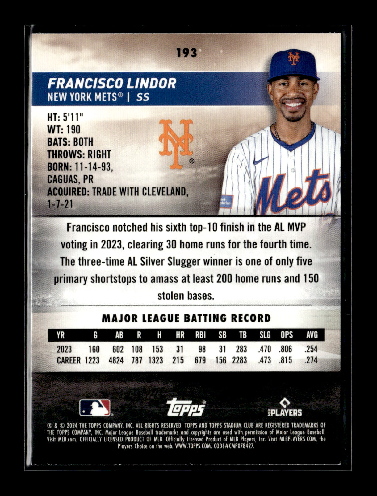 2024 Stadium Club Francisco Lindor #193 New York Mets