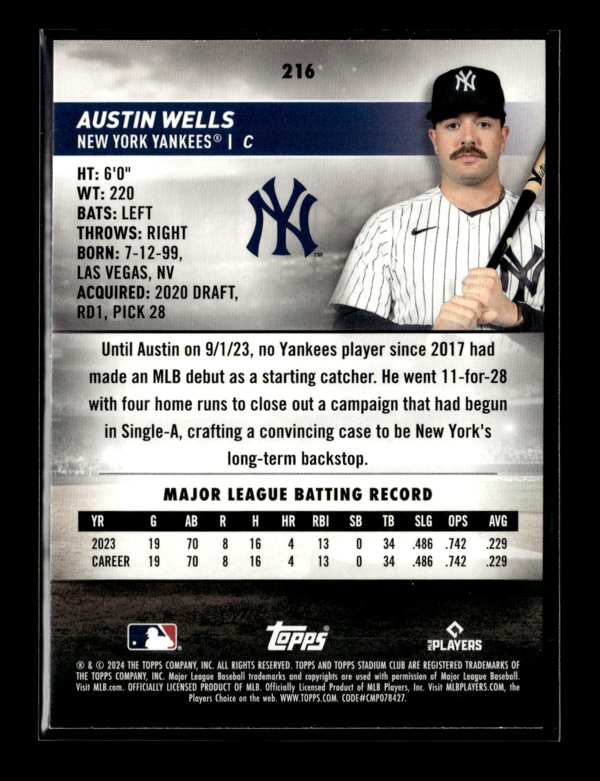 2024 Stadium Club Austin Wells #216 New York Yankees