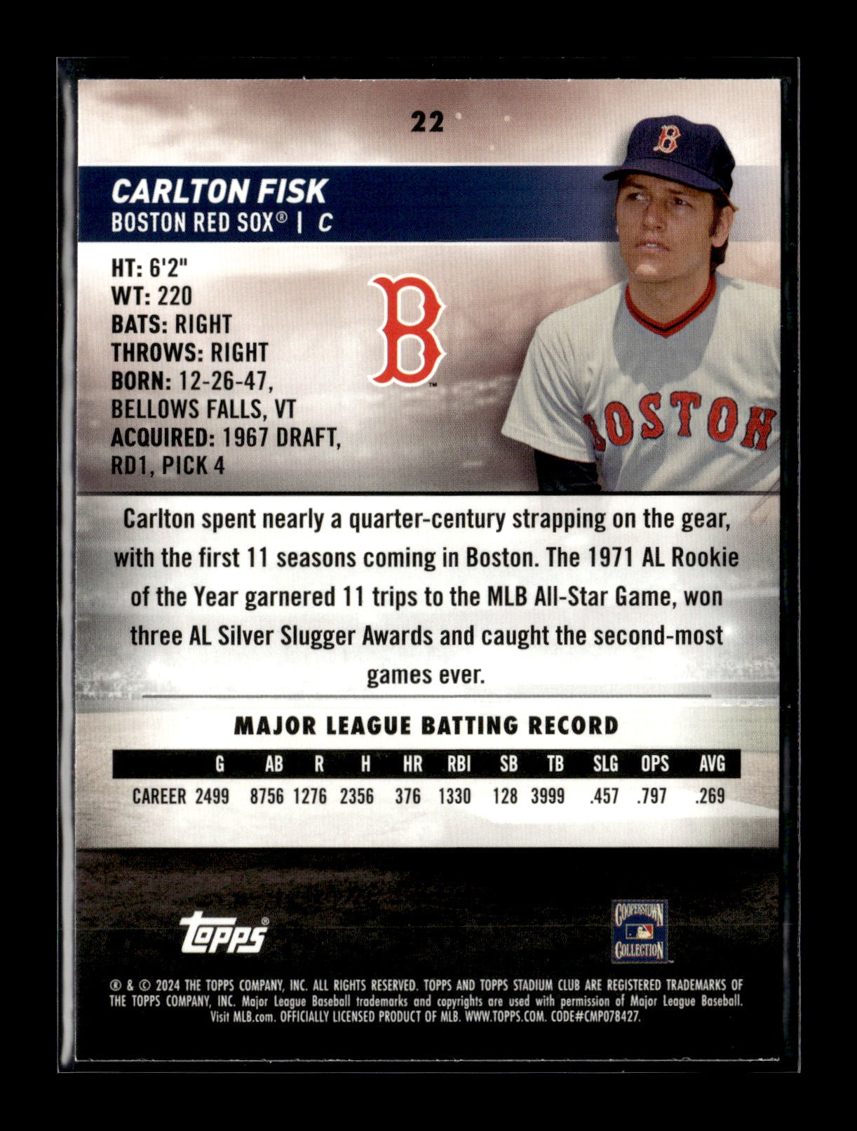 2024 Stadium Club Carlton Fisk #22 Boston Red Sox