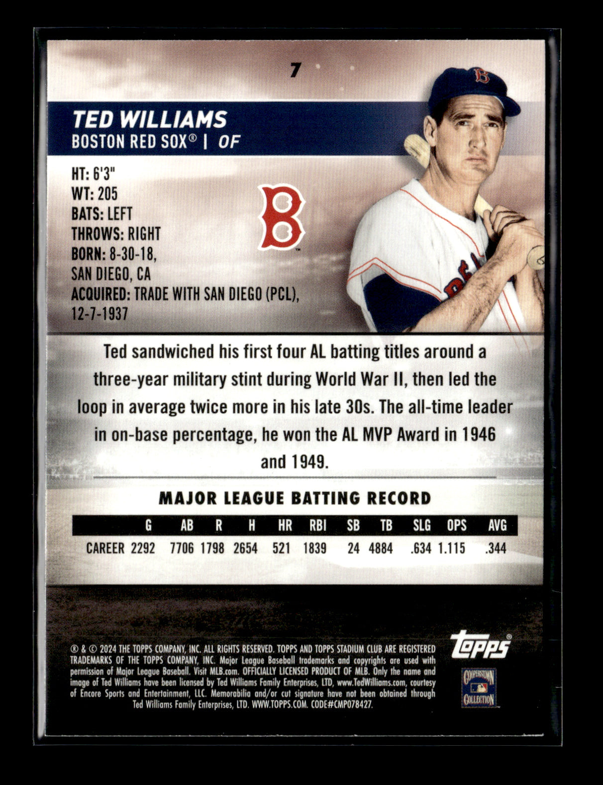 2024 Stadium Club Ted Williams #7 Boston Red Sox