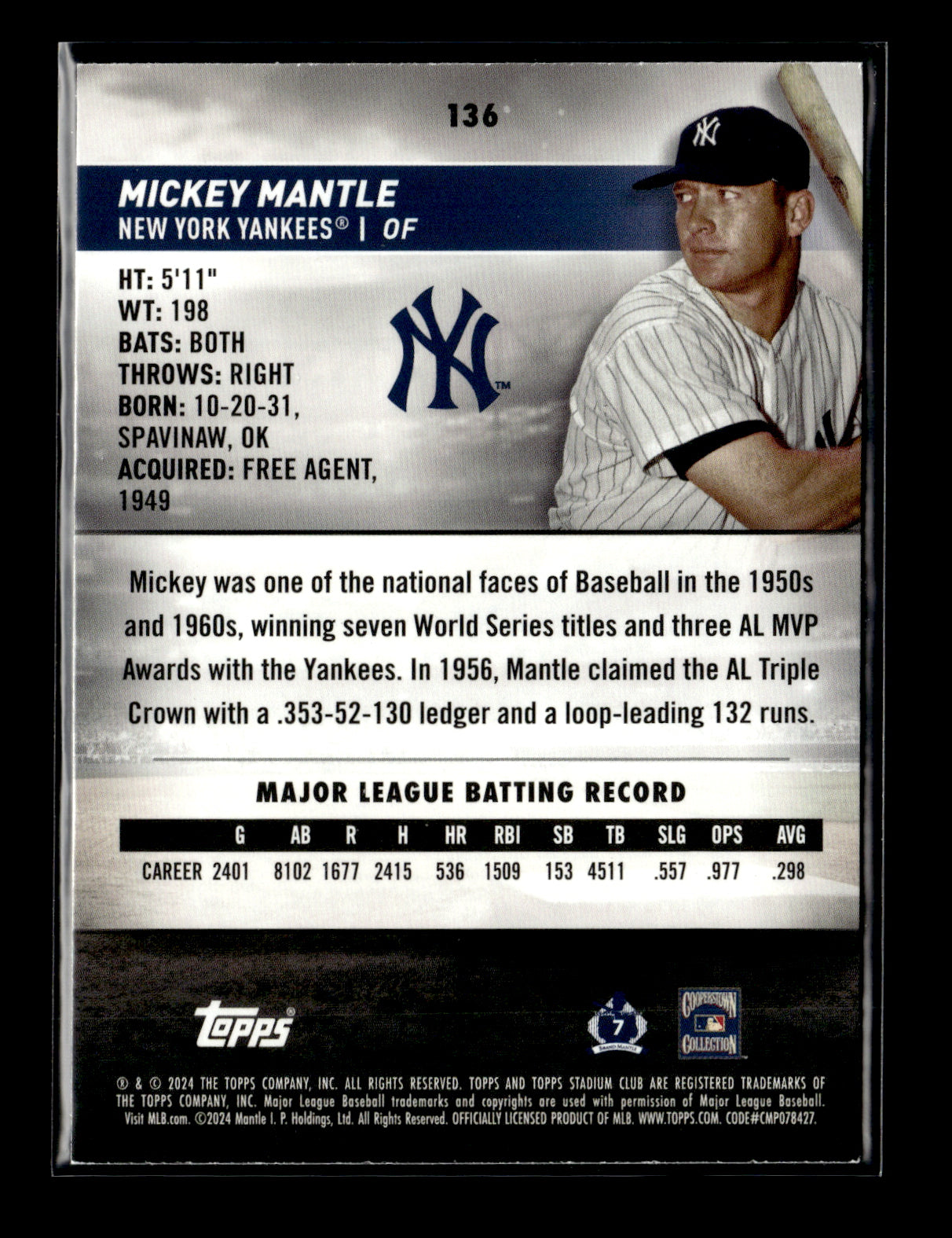 2024 Stadium Club Mickey Mantle #136 Red Foil New York Yankees