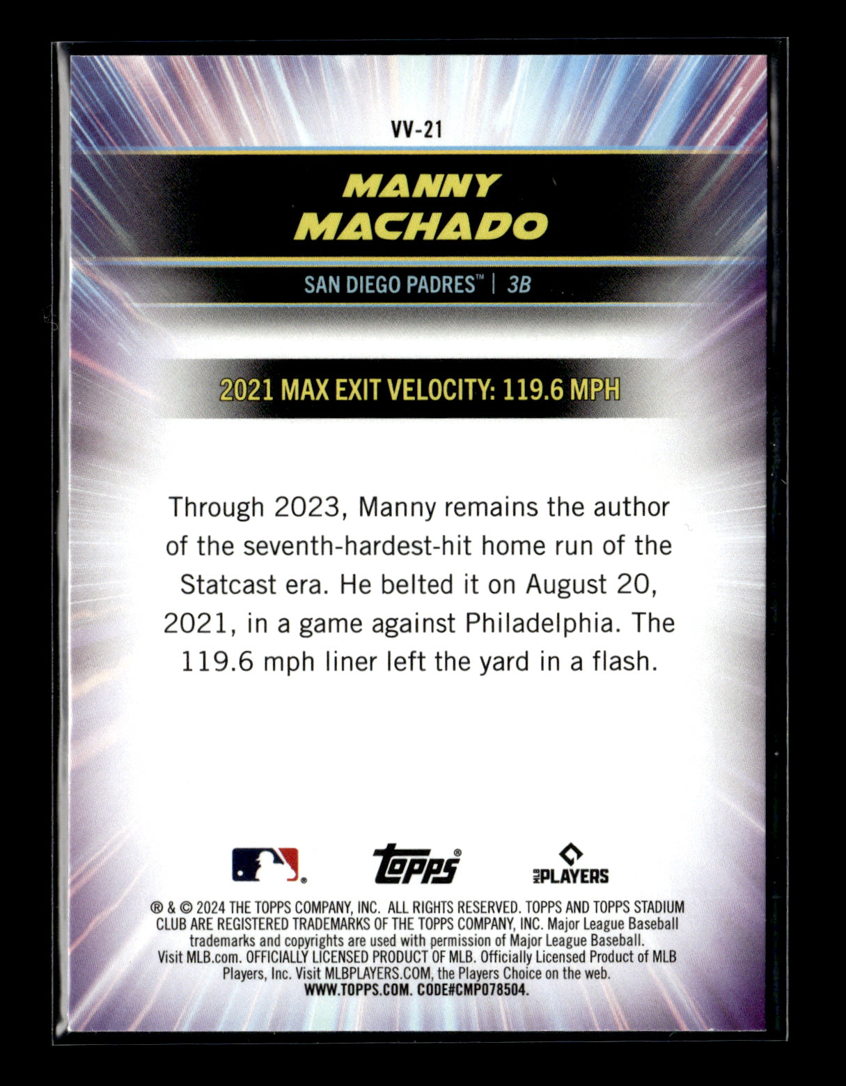 2024 Stadium Club Manny Machado #VV-21 Virtuosos of Velocity San Diego Padres