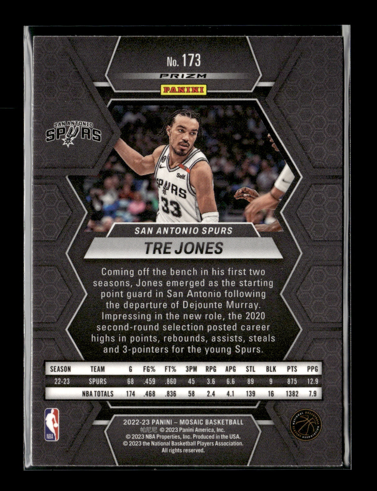 2022-23 Panini Mosaic Tre Jones #173 White Sparkle San Antonio Spurs