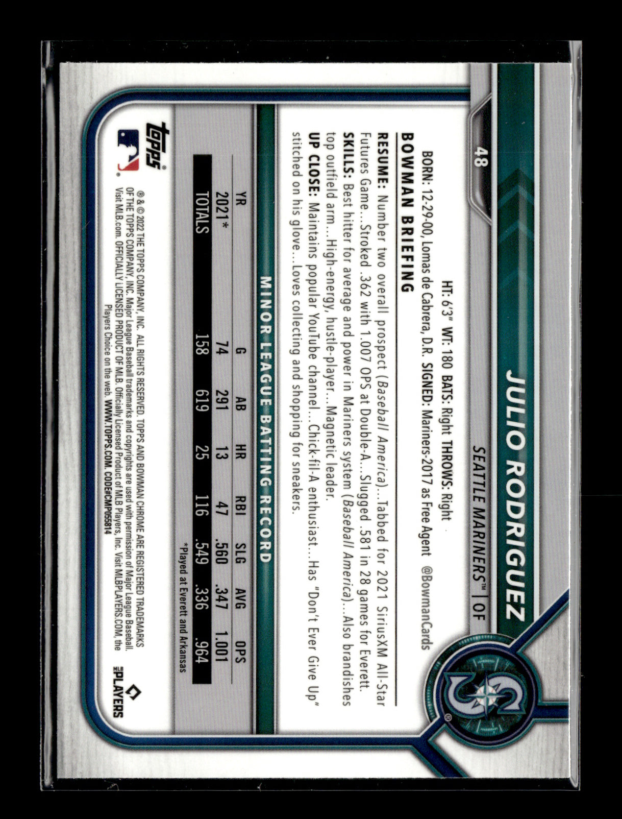 2022 Bowman Chrome Julio Rodriguez #48 Seattle Mariners