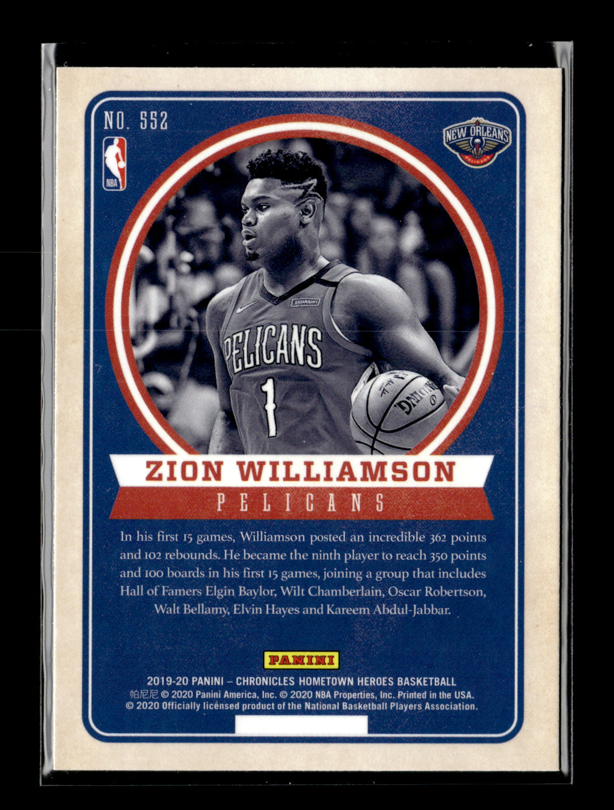 2019-20 Panini Chronicles Zion Williamson #552 New Orleans Pelicans
