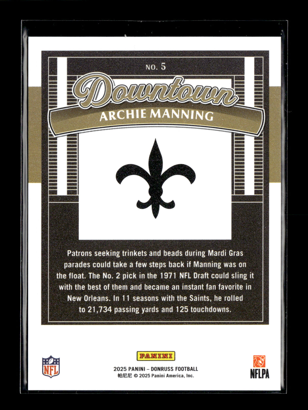 2025 Donruss Archie Manning #5 Downtown! New Orleans Saints