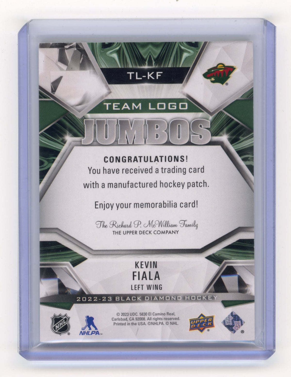 2022-23 Upper Deck Black Diamond Kevin Fiala #TL-KF Team Logo Jumbo Patches Manufactured Relics Minnesota Wild