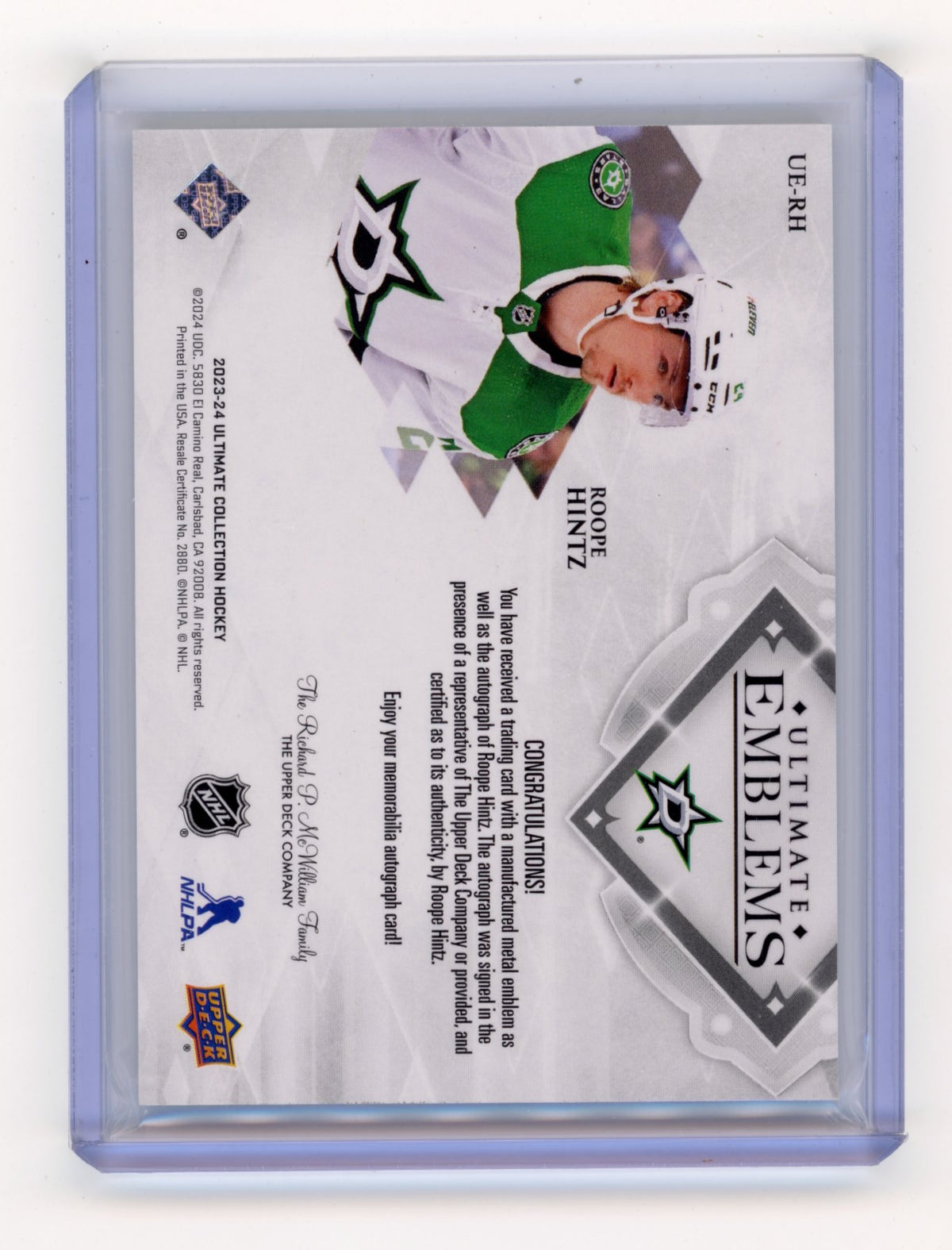 2023-24 Upper Deck Ultimate Collection Roope Hintz #UE-RH Ultimate Emblems Autographs Dallas Stars