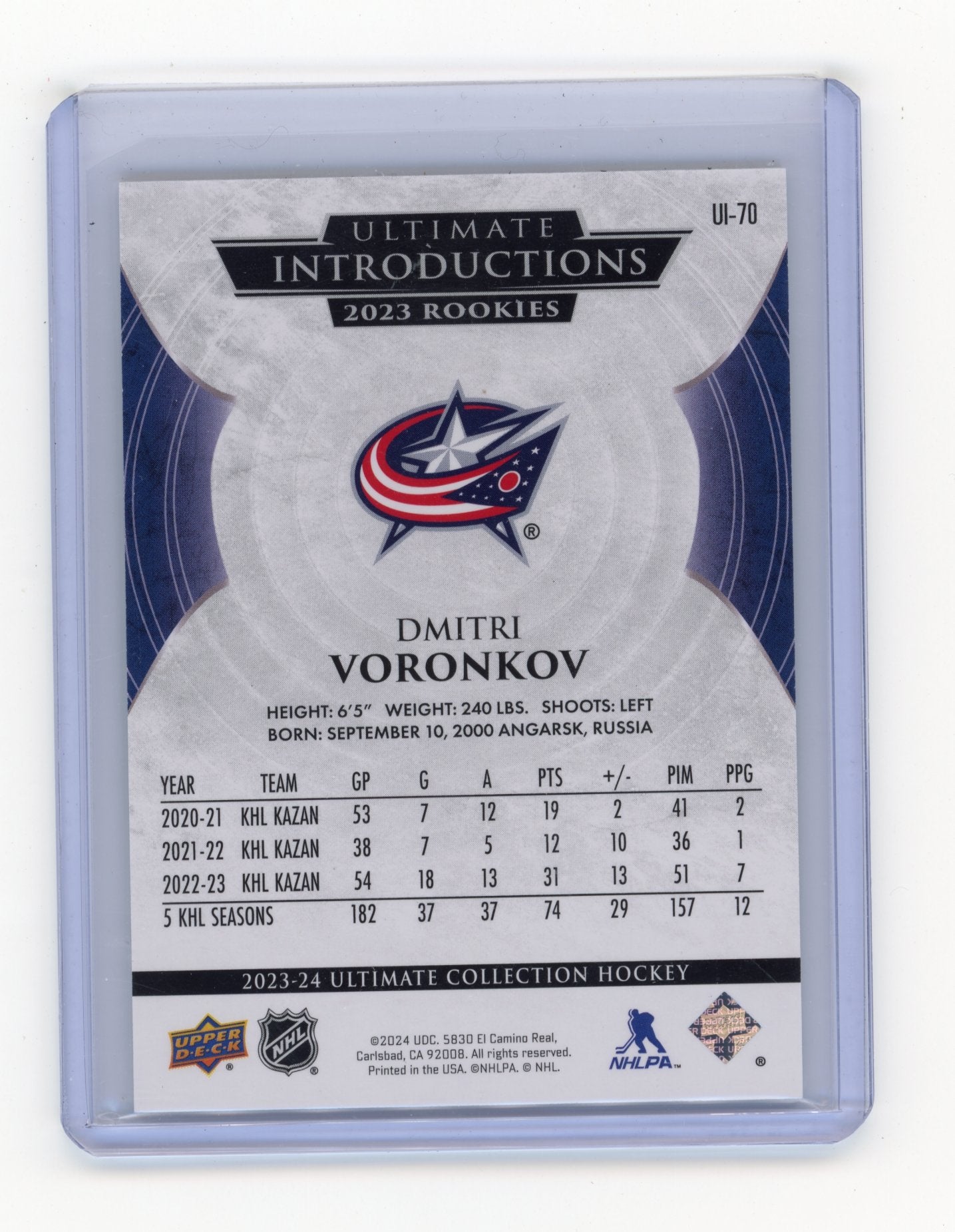 2023-24 Upper Deck Ultimate Collection Dmitri Voronkov #UI-70 Ultimate Introductions Gold #/49 Columbus Blue Jackets