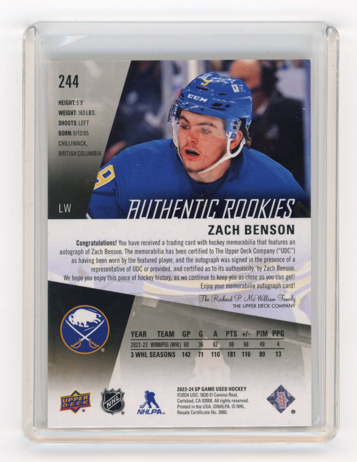 2023-24 SP Game Used Zach Benson #244 Autographs Premium Material #/49 Buffalo Sabres