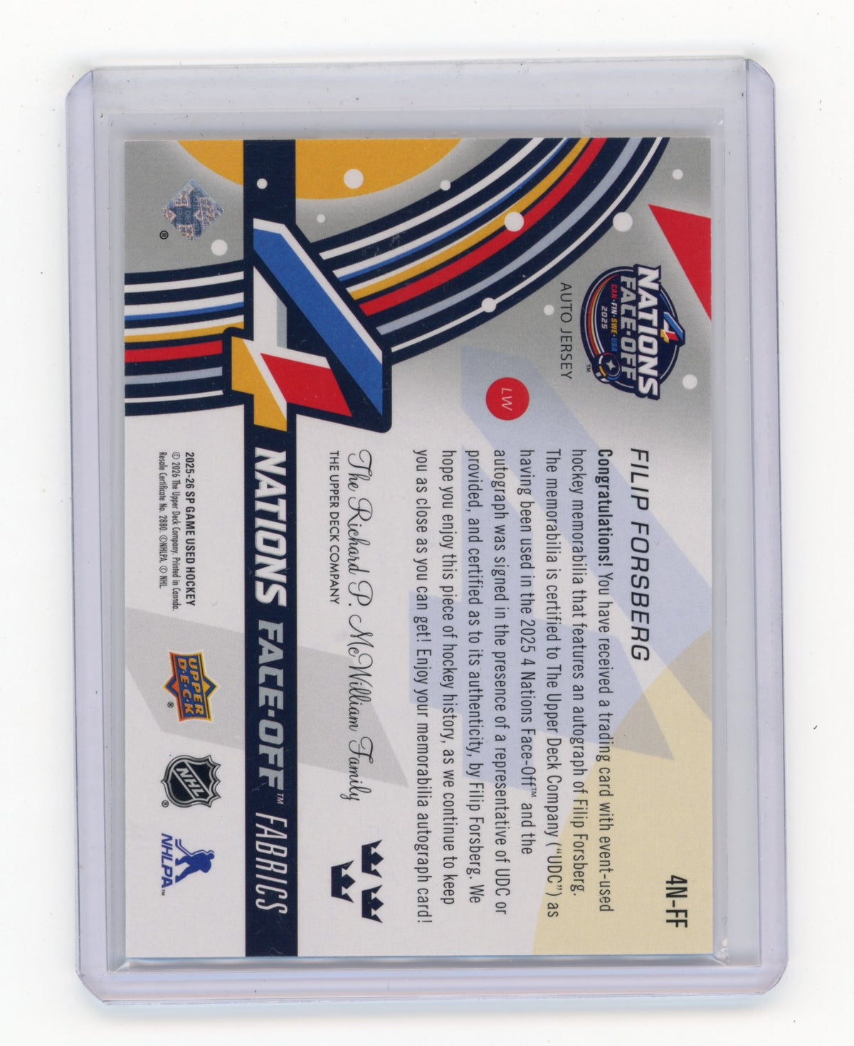 2025-26 SP Game Used Filip Forsberg #4N-FF 2025 4 Nations Face-Off Fabrics Auto Jersey Sweden