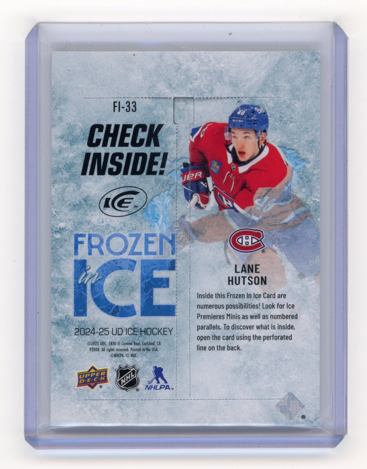 2024-25 Upper Deck Ice Lane Hutson #FI-33 Frozen In Ice Gold #/25 Montreal Canadiens