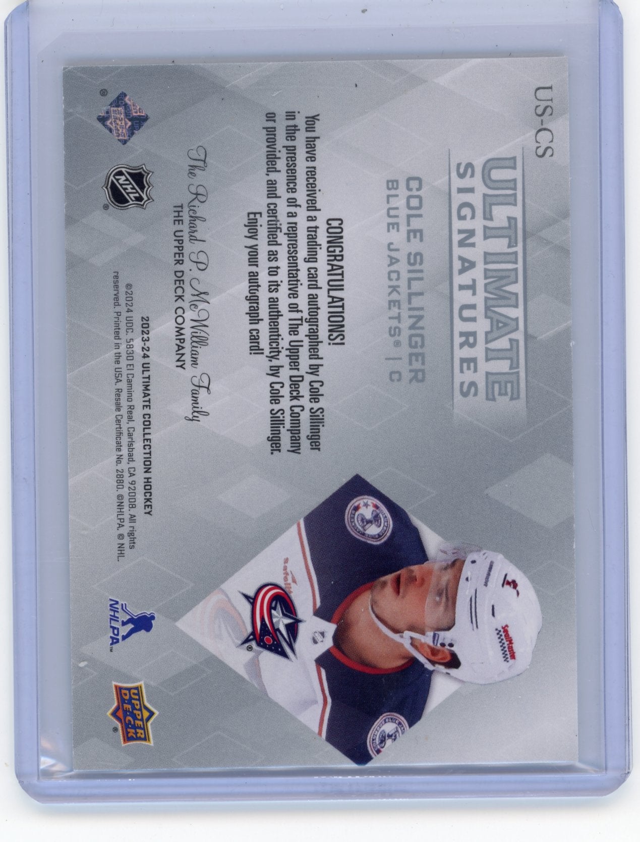 2023-24 Upper Deck Ultimate Collection Cole Sillinger #US-CS Ultimate Signatures Columbus Blue Jackets