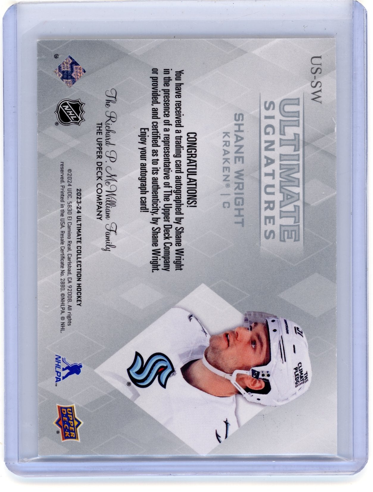 2023-24 Upper Deck Ultimate Collection Shane Wright #US-SW Ultimate Signatures Seattle Kraken