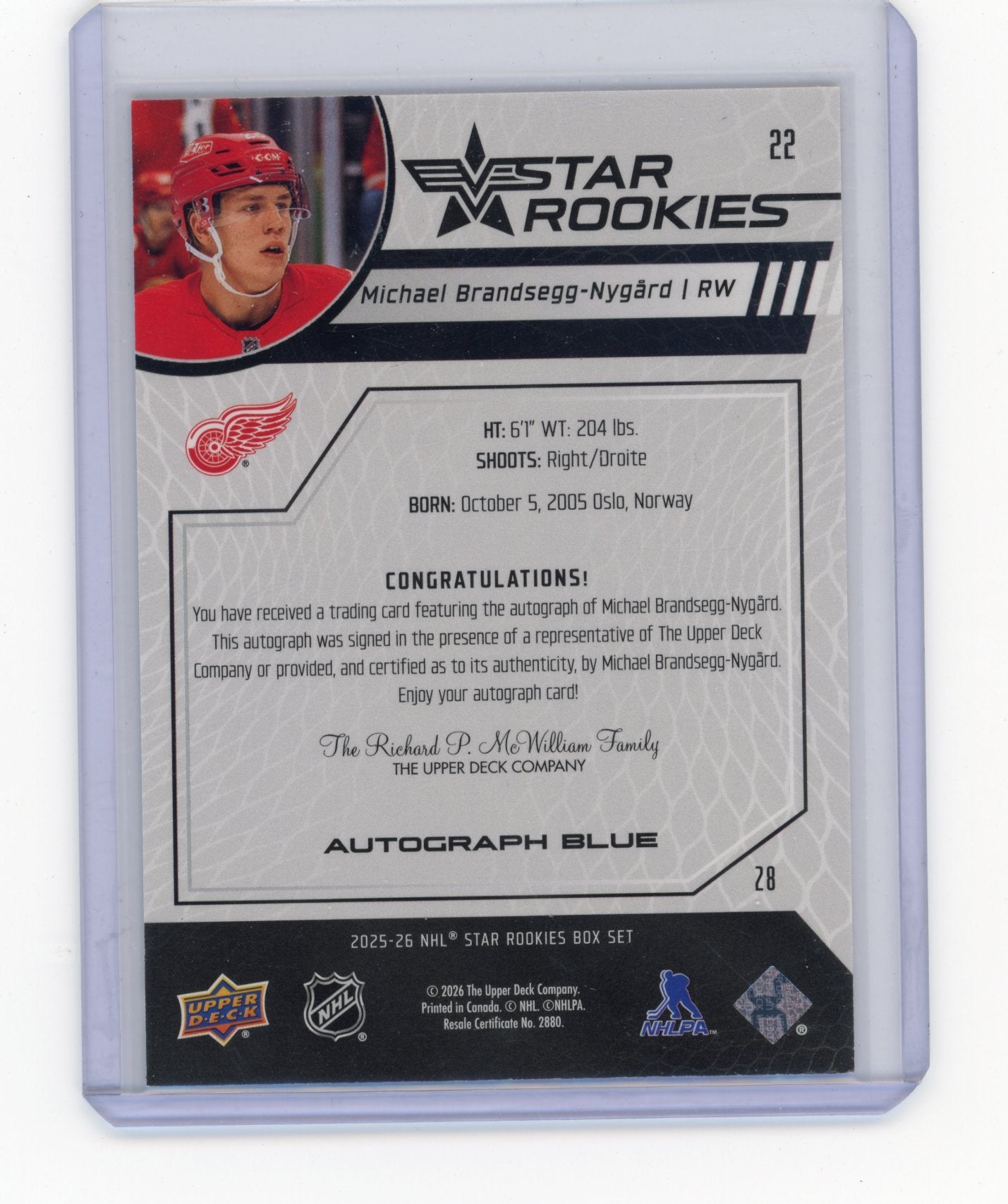 2025-26 Upper Deck NHL Star Rookies Box Set Michael Brandsegg-Nygard #22 Autographs Blue #/25 Detroit Red Wings