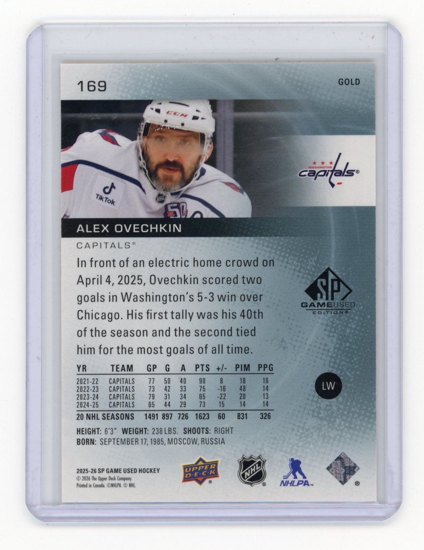 2025-26 SP Game Used Alex Ovechkin #169 Gold #/149 Washington Capitals