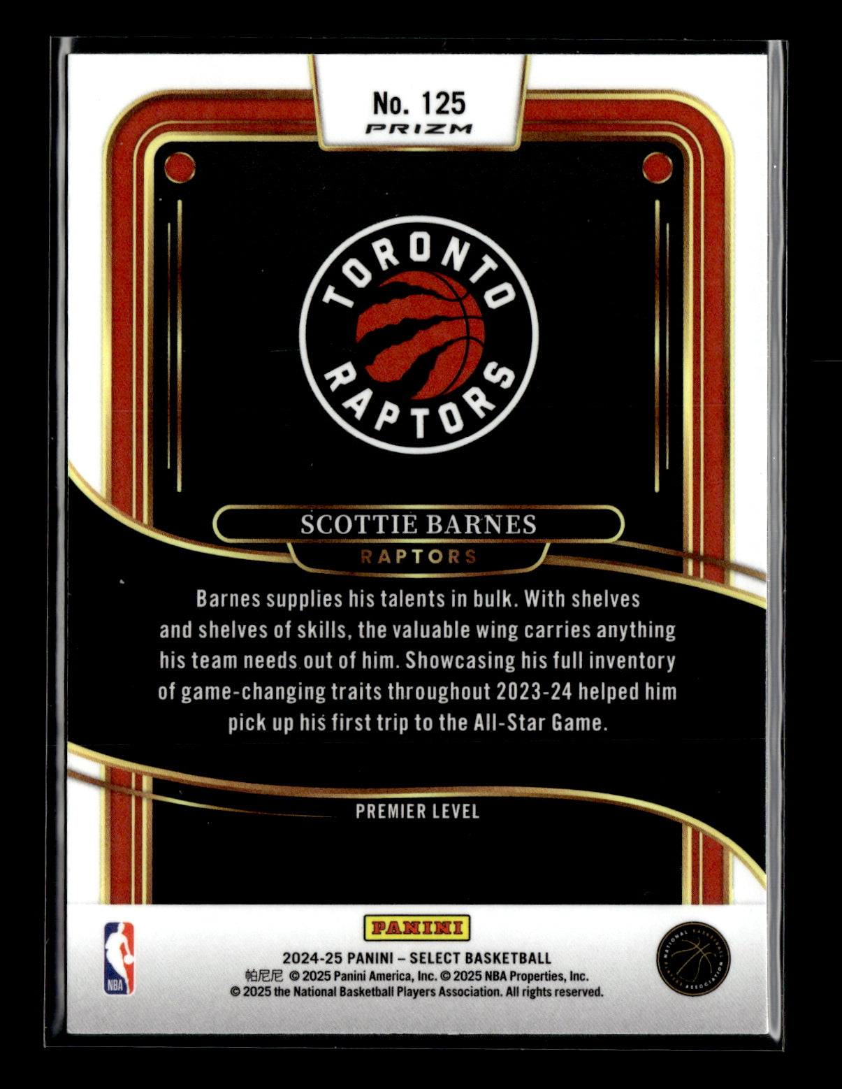 2024-25 Panini Select Scottie Barnes #125 Zebra Prizm Toronto Raptors