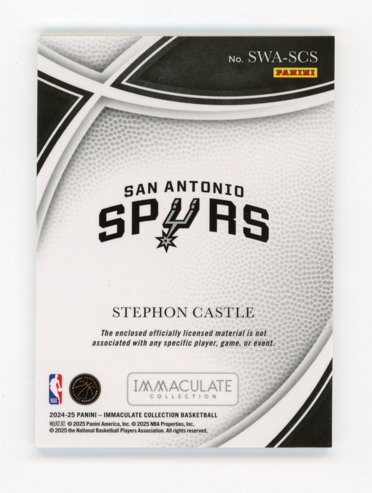 2024-25 Panini Immaculate Collection Stephon Castle #SWA-SCS Swatches #/99 San Antonio Spurs