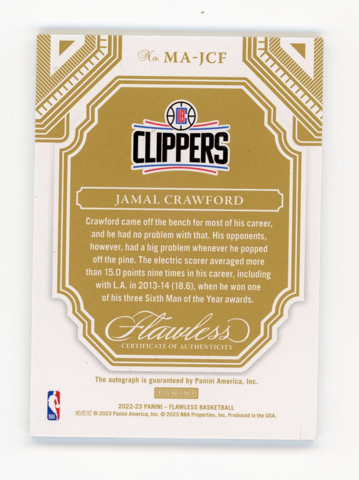 2022-23 Panini Flawless Jamal Crawford #MA-JCF Momentous Autographs #/25 Los Angeles Clippers