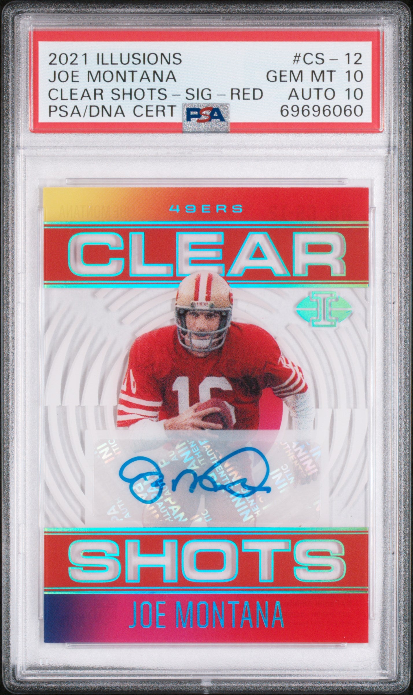 2021 Panini Illusions Clear Shots Joe Montana #CS-12 Clear Shots-Sig-Red PSA 10 San Fransico Niners