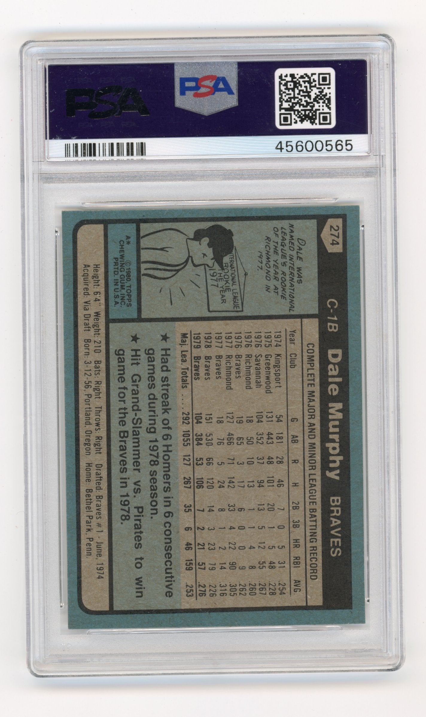 1980 Topps Dale Murphy #274 PSA 9
