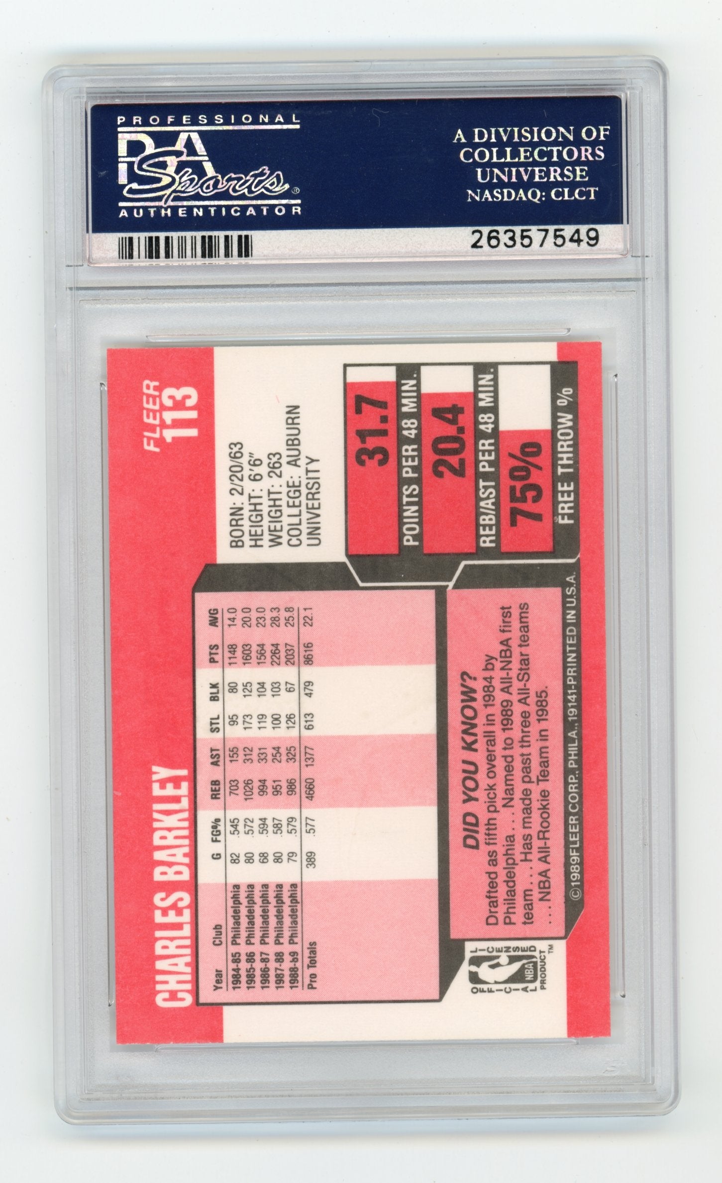 1989 Fleer Charles Barkley #113 PSA 9