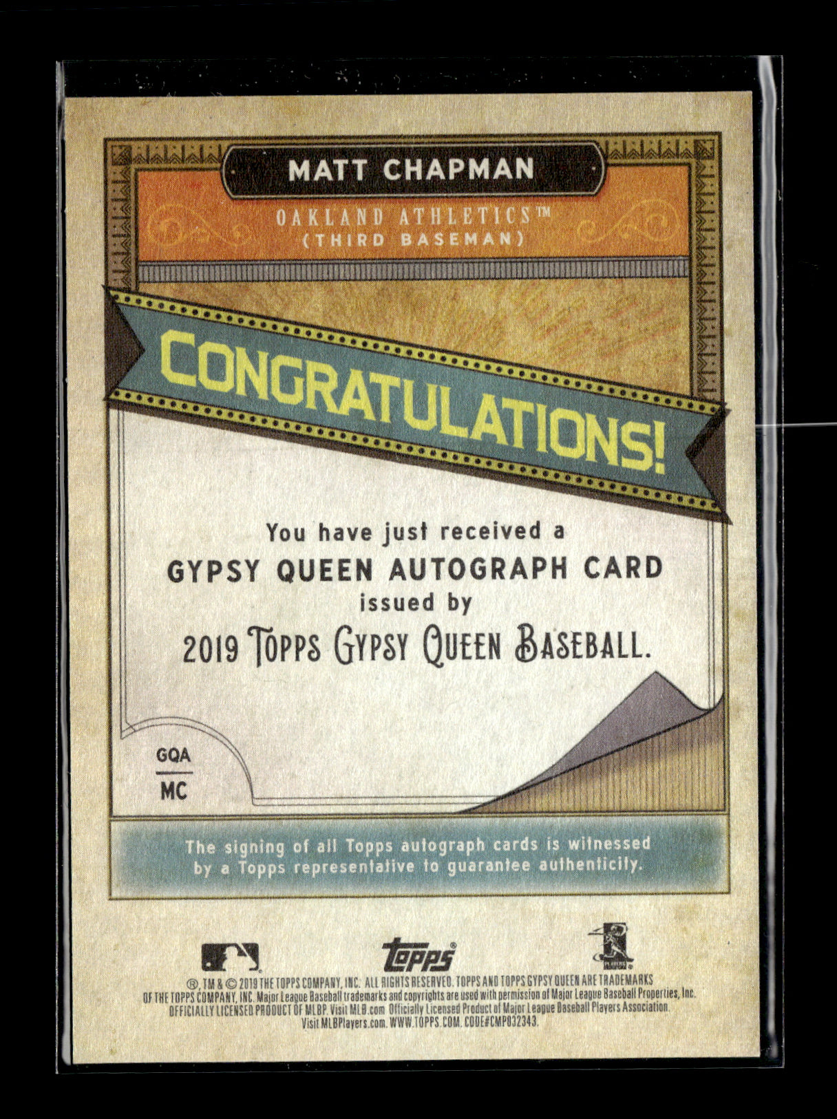 2019 Topps Gypsy Queen Matt Chapman #GQA-MC Gypsy Queen Autographs Oakland Athletics