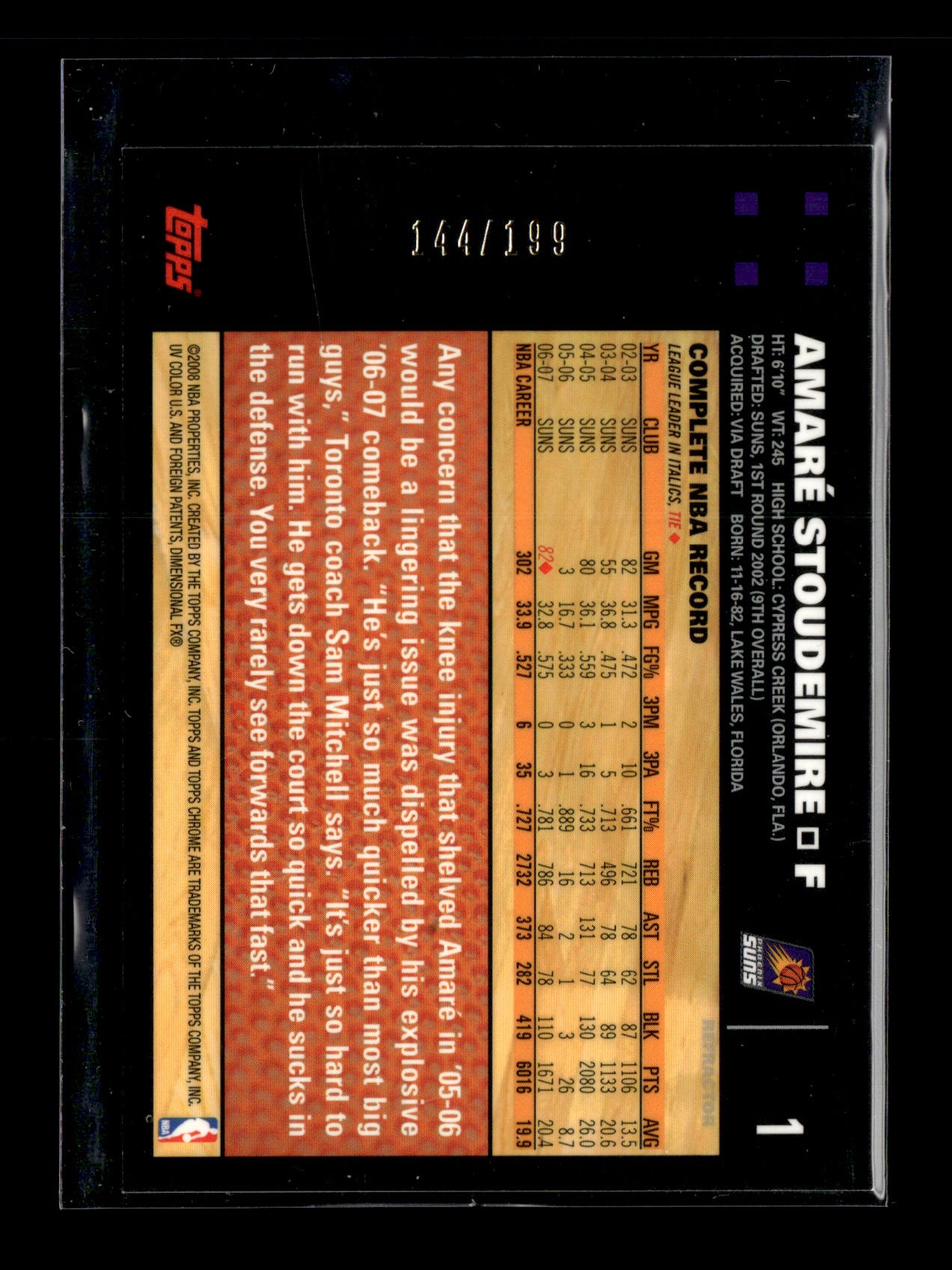 2007-08 Topps Chrome Amare Stoudemire #1 Refractors Orange #/199 Phoenix Suns