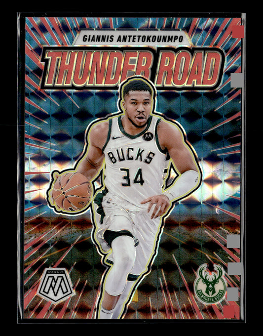 2024-25 Panini Mosaic Giannis Antetokounmpo #9 Thunder Road Mosaic Red Fluorescent #/75 Milwaukee Bucks