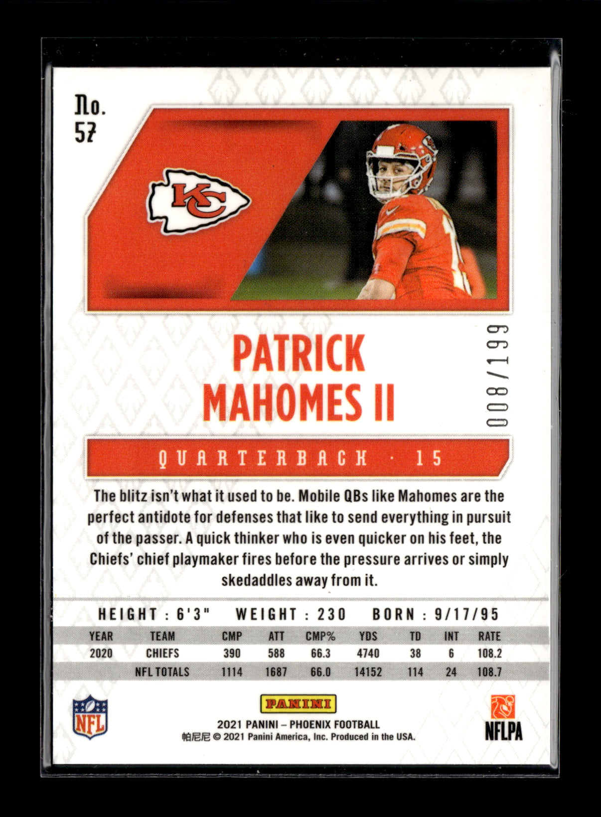 2021 Panini Phoenix Patrick Mahomes II #57 Pink #/199 Kansas City Chiefs