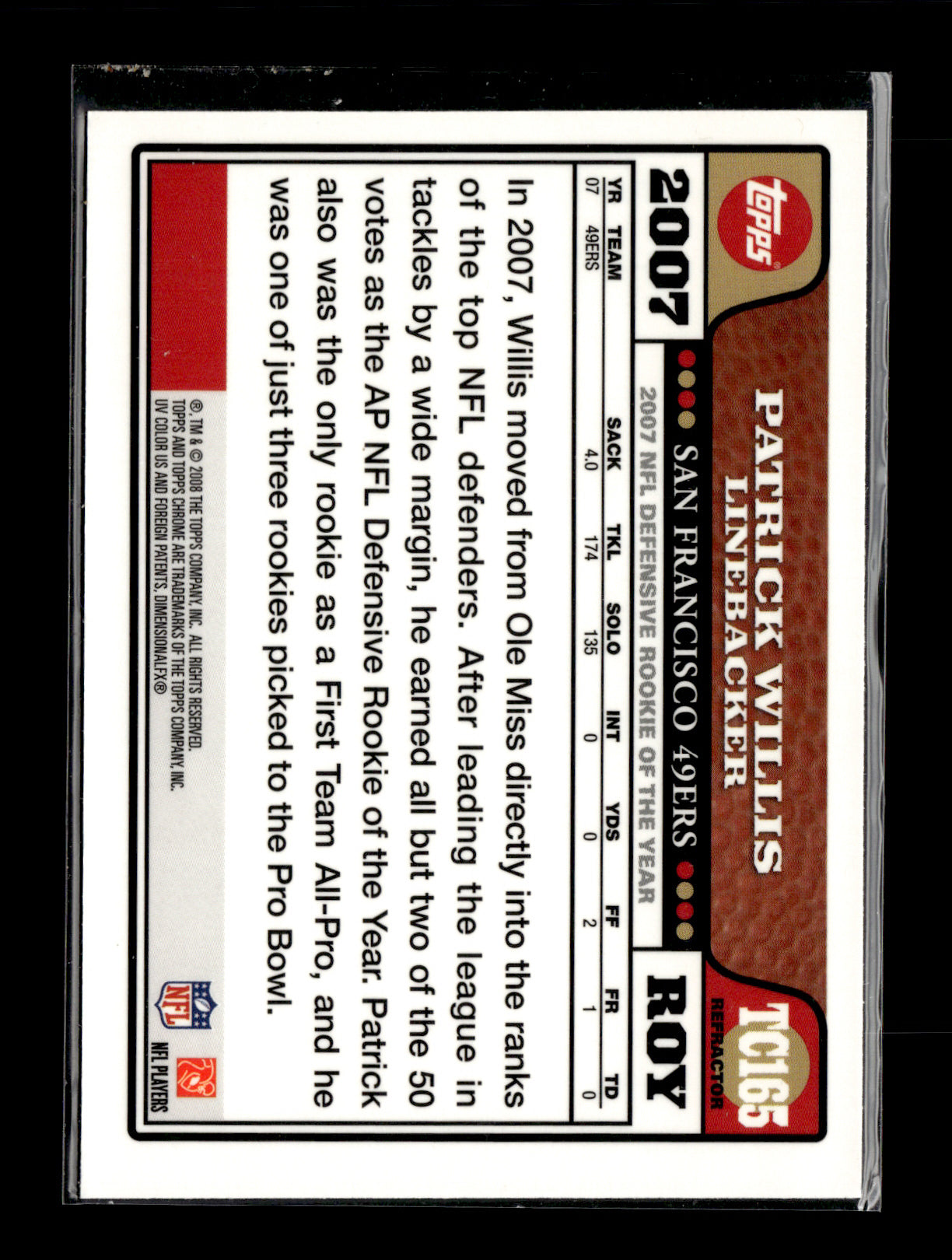 2008 Topps Chrome Patrick Willis #TC165 Blue Refractors San Francisco 49ers