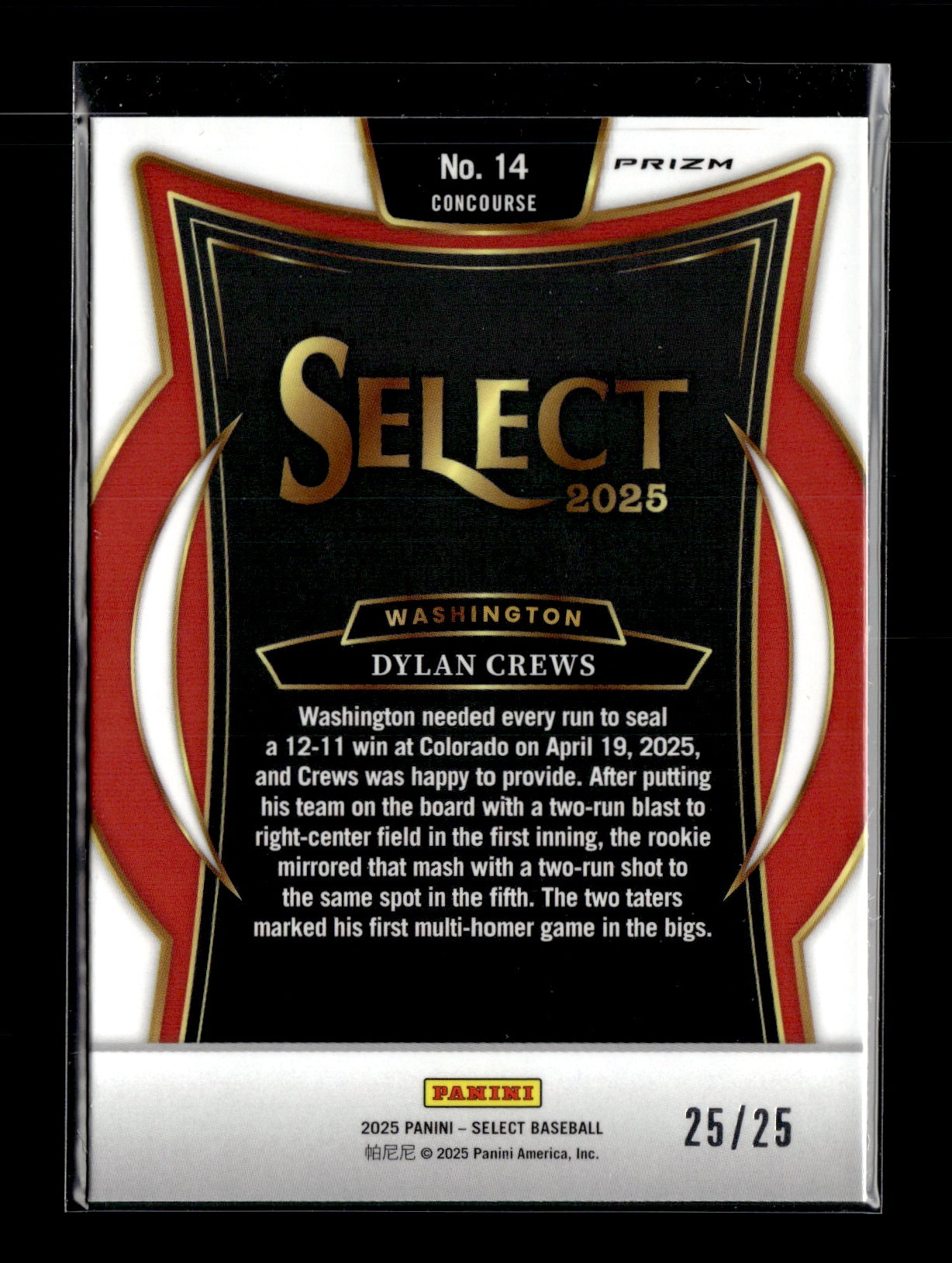 2025 Panini Select Dylan Crews #14 Tie-Dye Prizms #/25 Washington Nationals