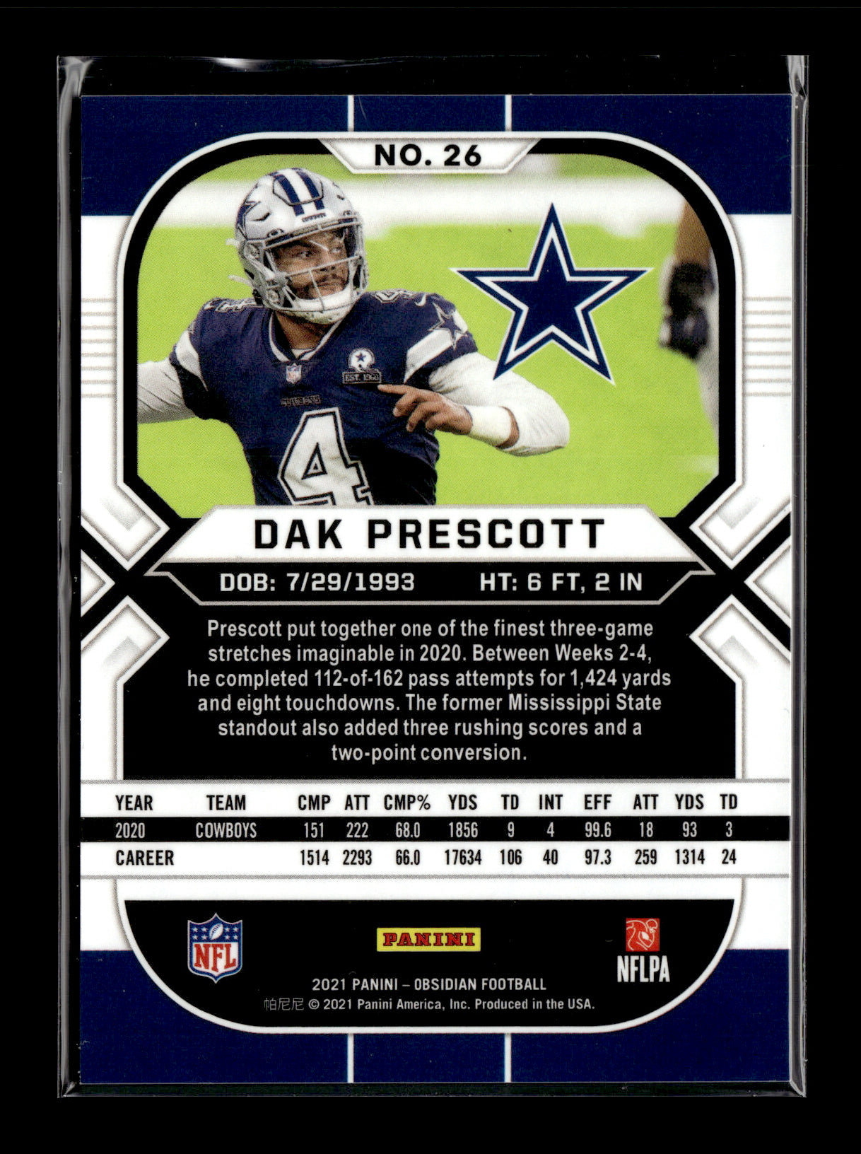 2021 Panini Obsidian Dak Prescott #26 Dallas Cowboys