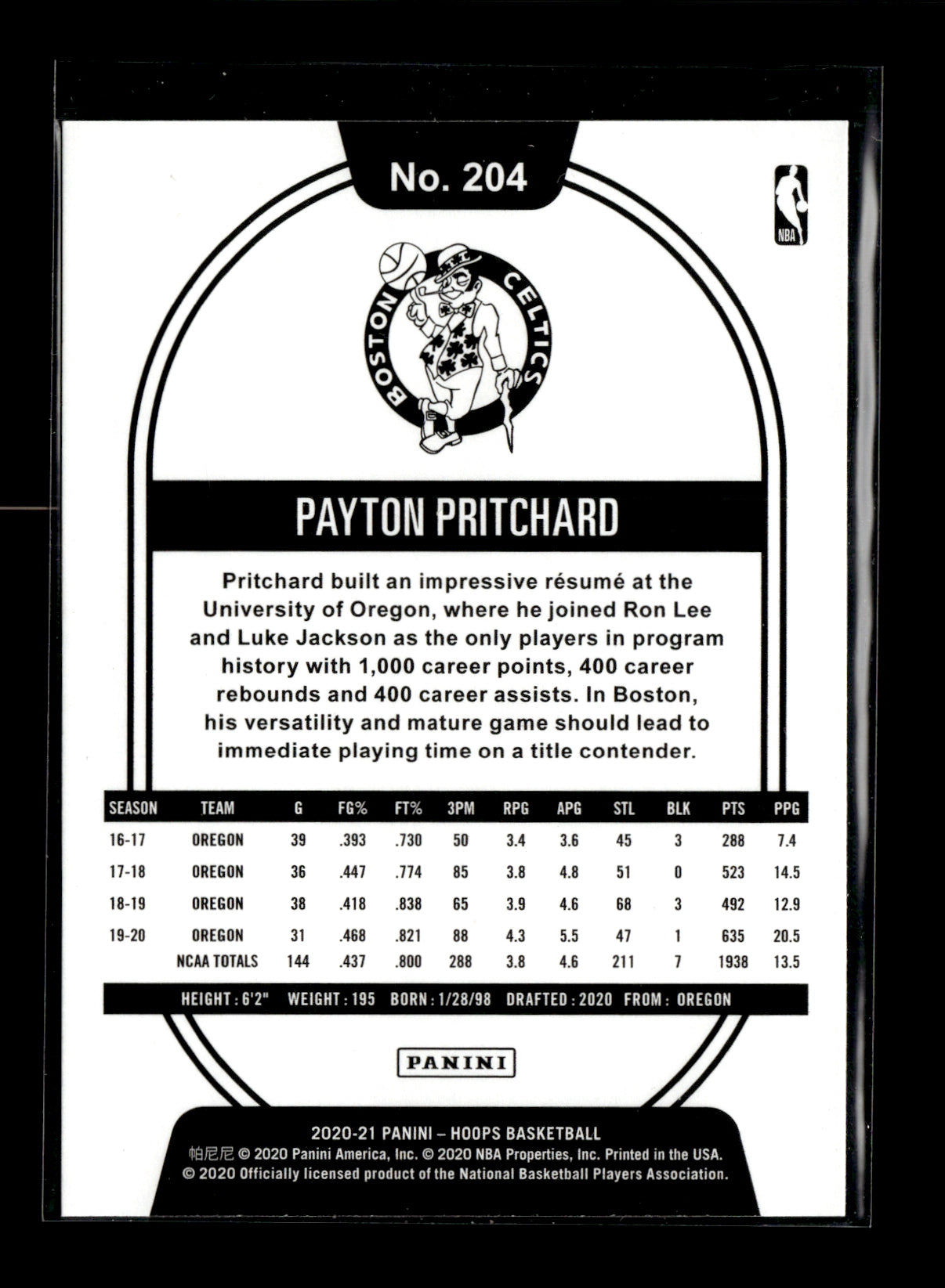 2020-21 Hoops Payton Pritchard #204 Boston Celtics
