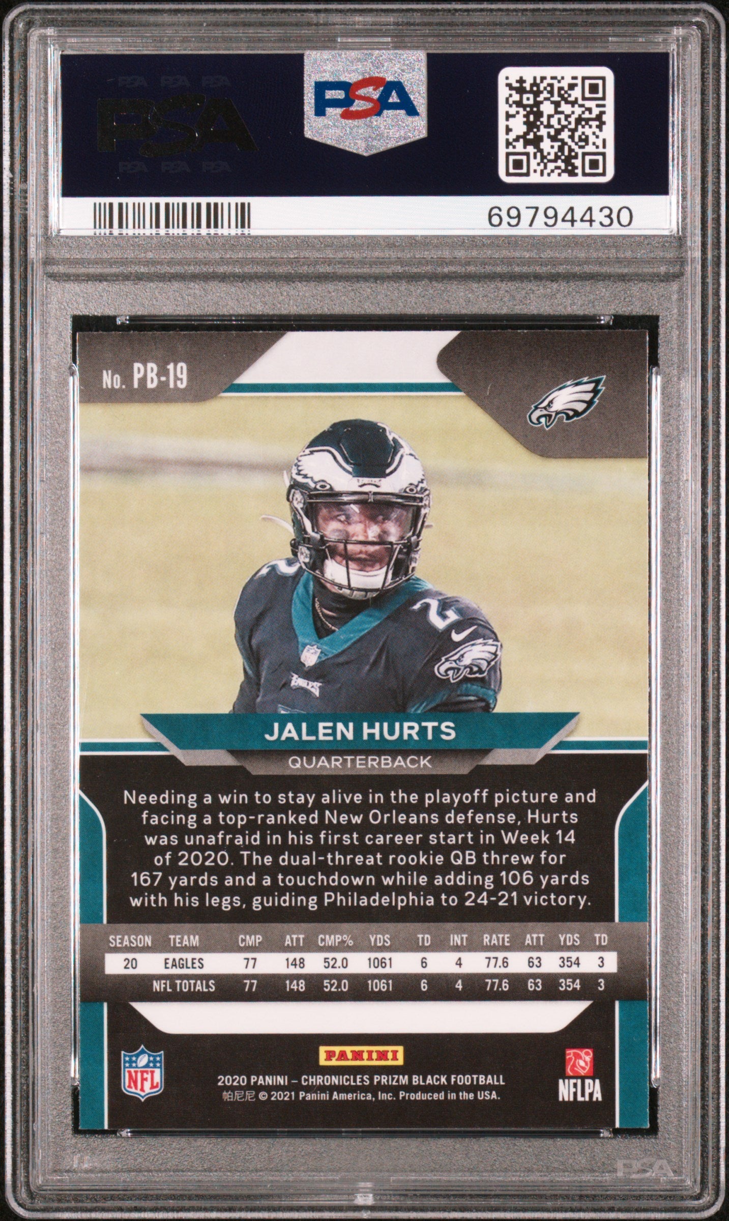2020 Panini Chronicles Prizm Black Jalen Hurts #PB19 Prizm Black PSA 10