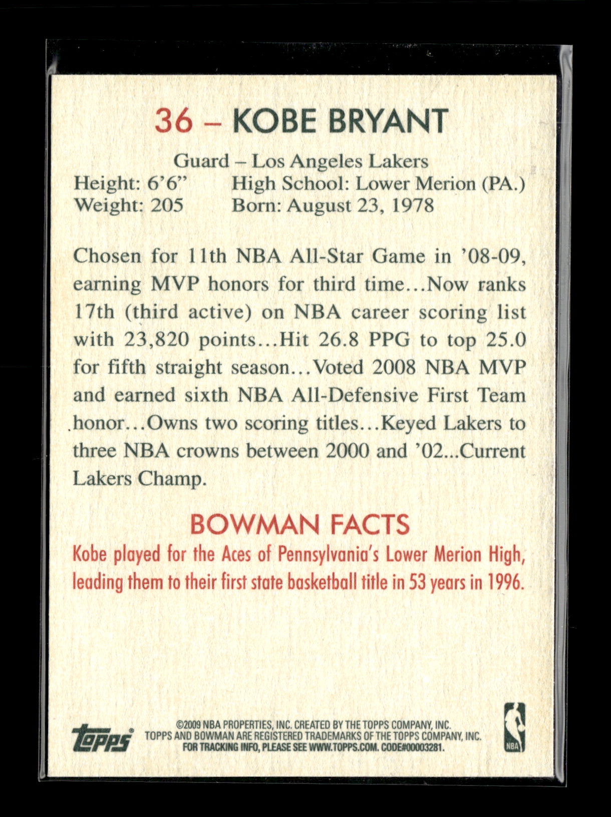 2009-10 Bowman 48 Kobe Bryant #36 Los Angeles Lakers