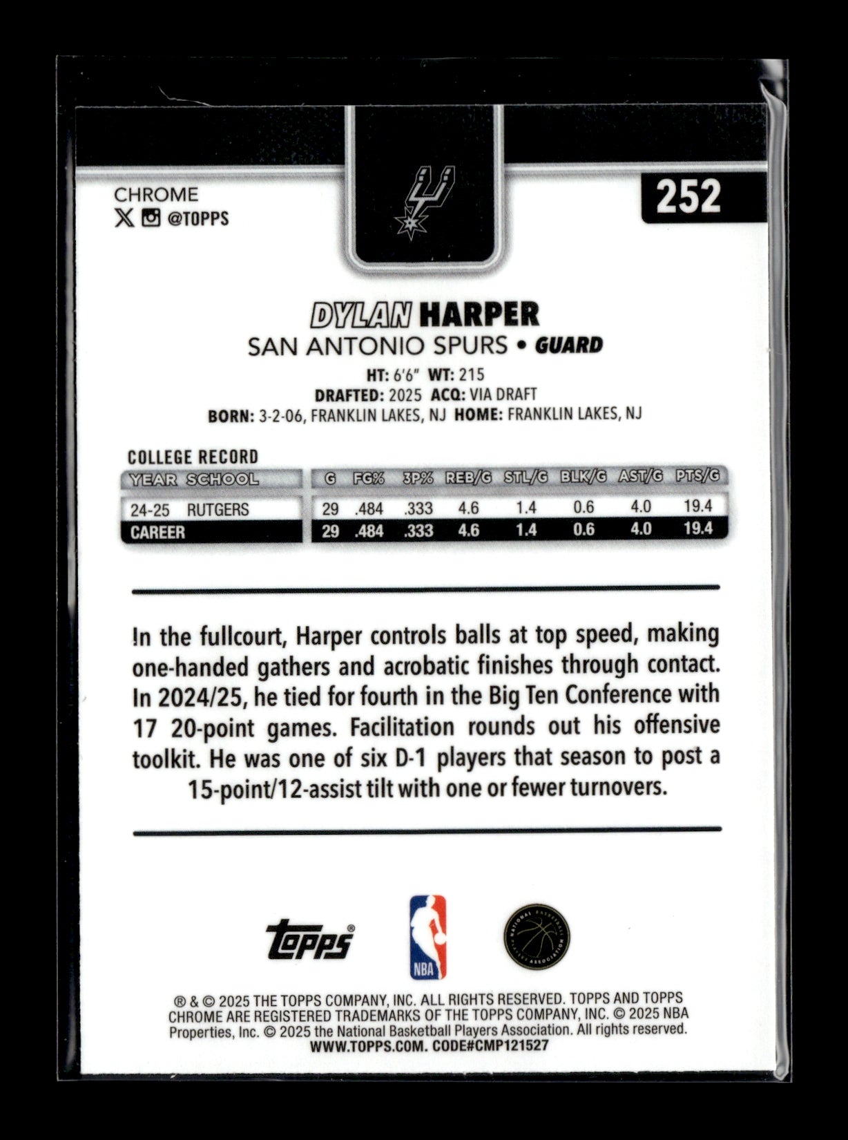 2025-26 Topps Chrome Dylan Harper #252 X-Fractor San Antonio Spurs