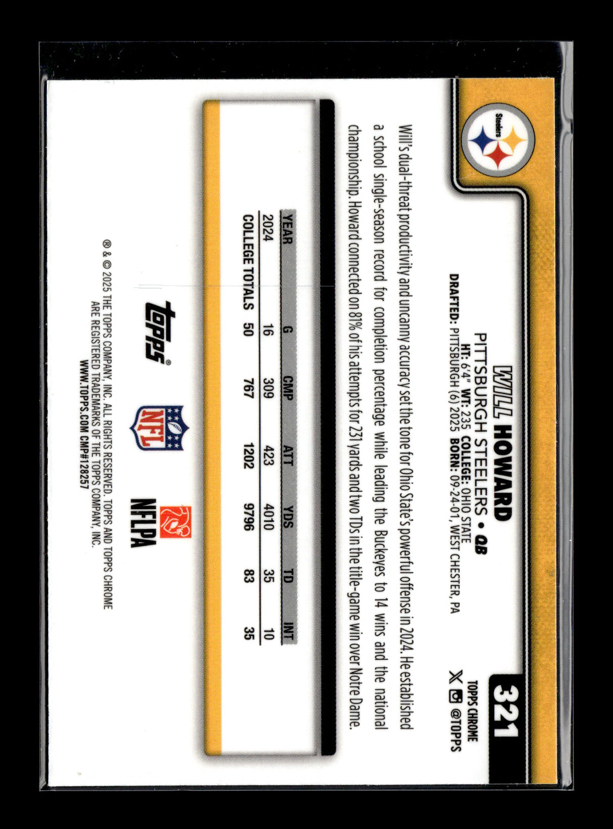 2025 Topps Chrome Will Howard #321 Ray Wave Refractor Pittsburgh Steelers