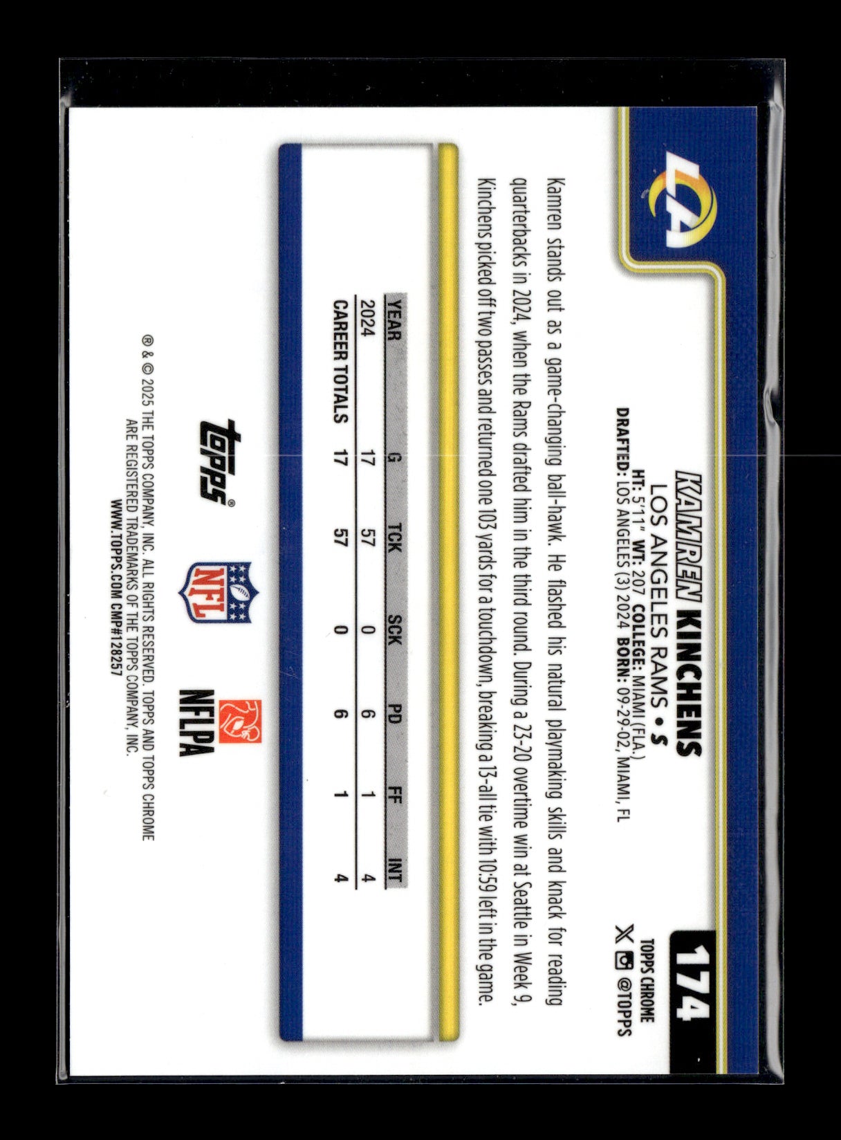 2025 Topps Chrome Kamren Kinchens #174 Black Wave Refractor #/10 Los Angeles Rams