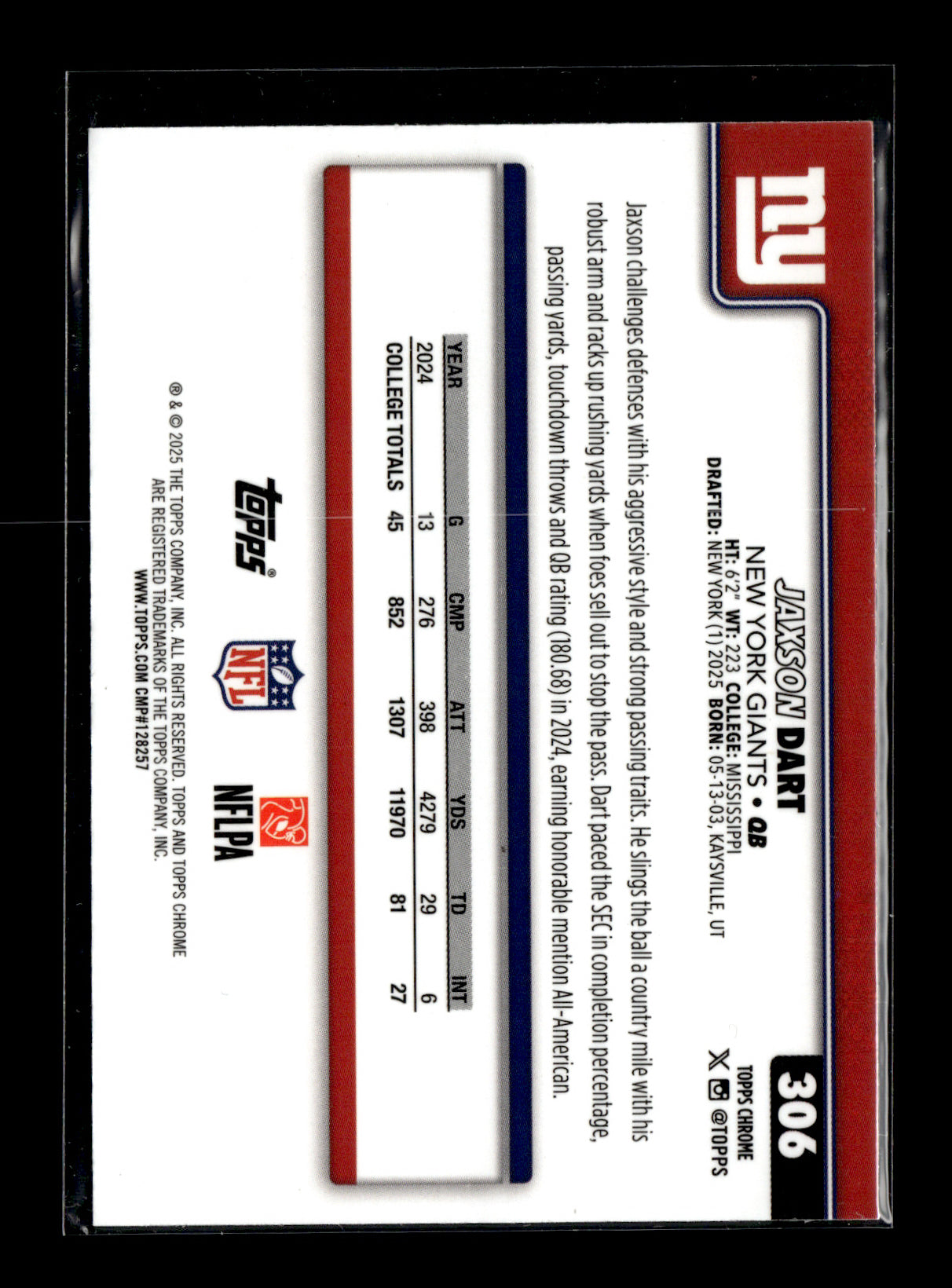 2025 Topps Chrome Jaxson Dart #306 New York Giants