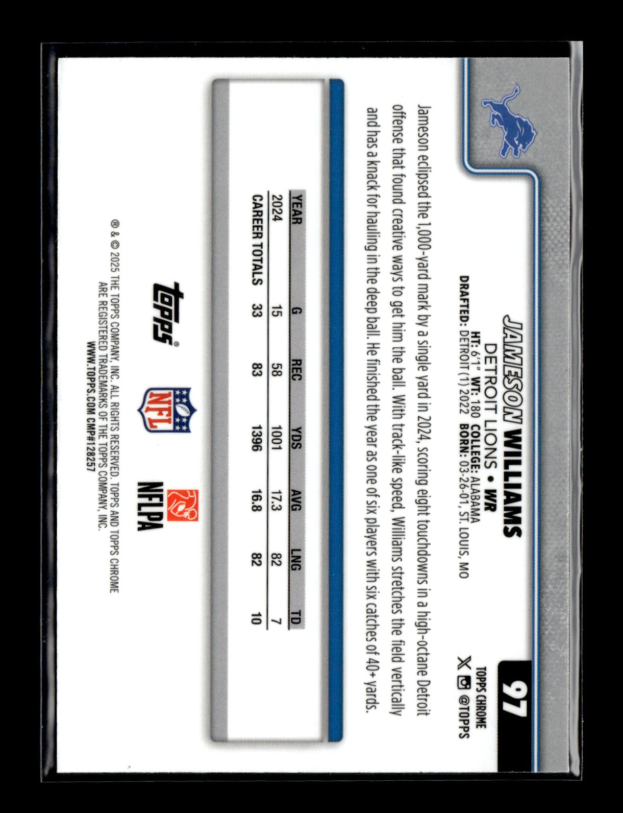 2025 Topps Chrome Jameson Williams #97 Football Leather Green #/99 Detroit Lions