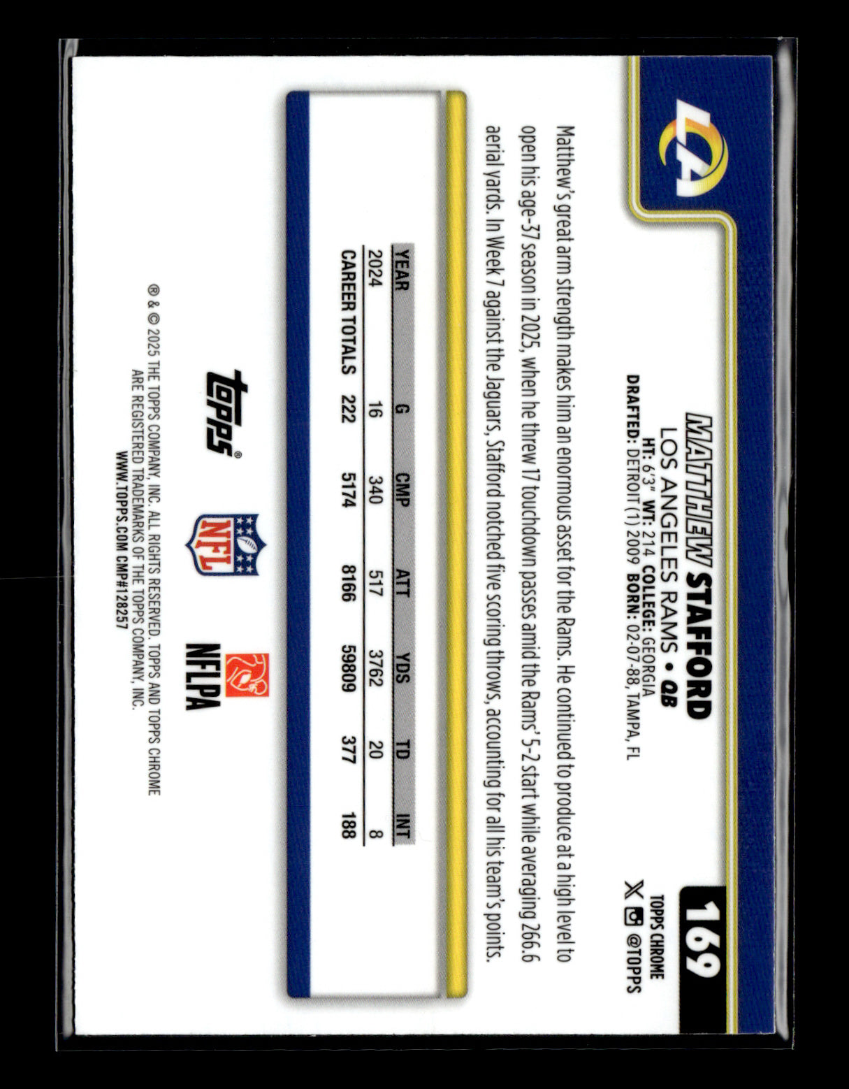 2025 Topps Chrome Matthew Stafford #169 Blue Wave Refractor #/150 Los Angeles Rams