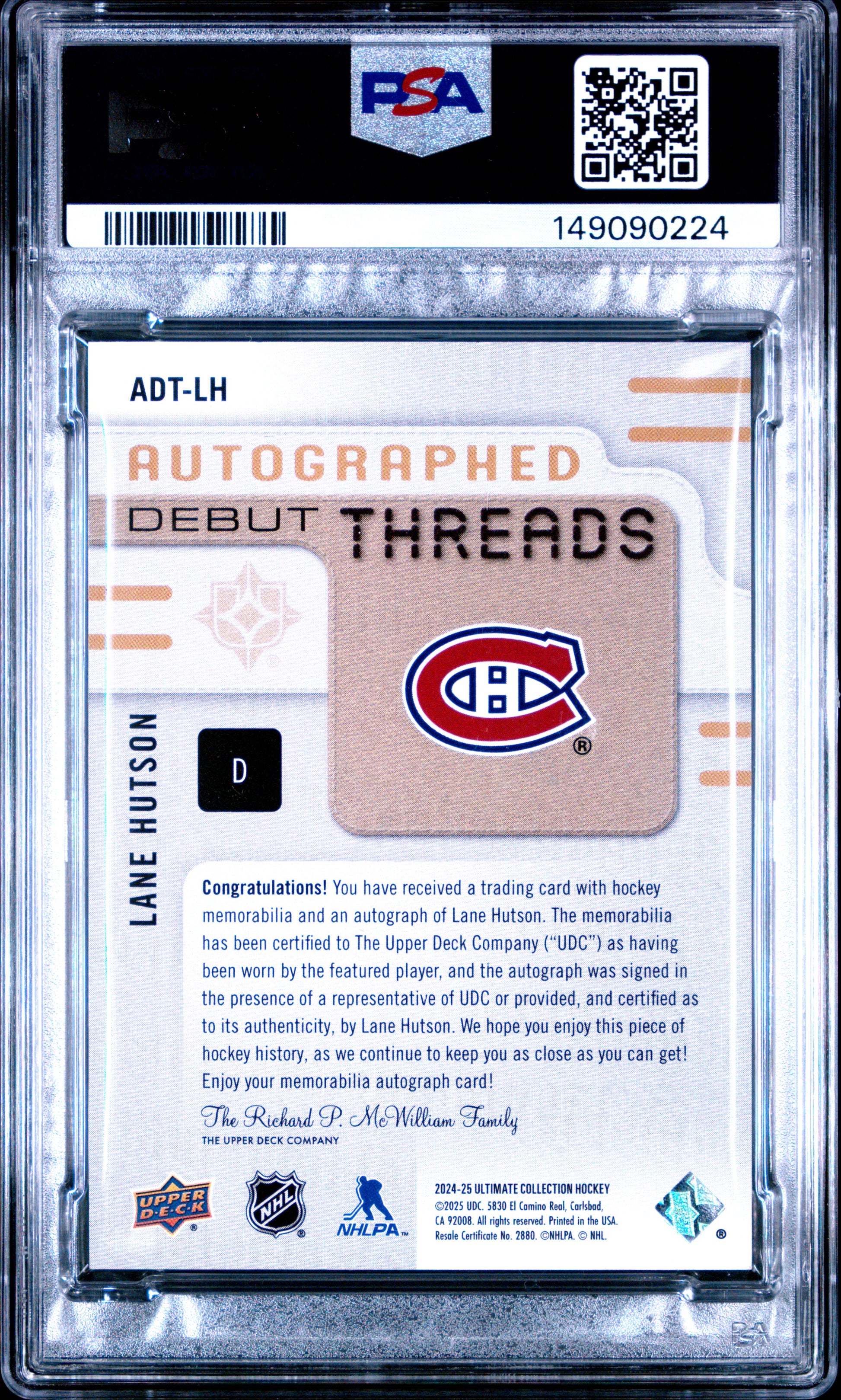 2024 Upper Deck Ultimate Collection Autographed Debut Threads Lane Hutson #LH PSA 8 Montreal Canadiens