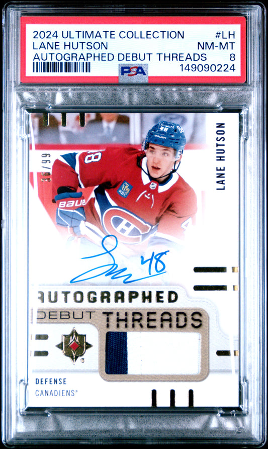 2024 Upper Deck Ultimate Collection Autographed Debut Threads Lane Hutson #LH PSA 8 Montreal Canadiens