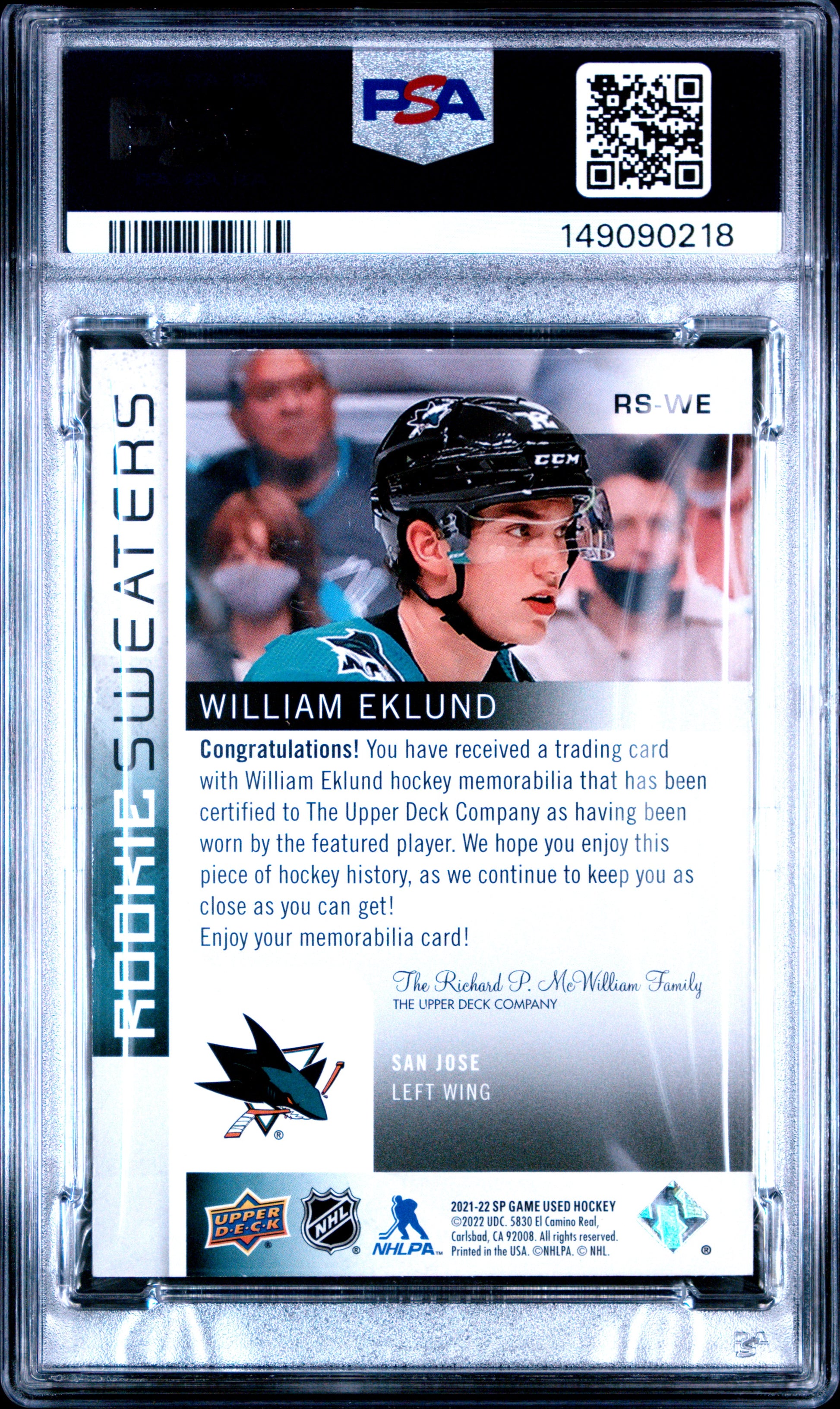 2021 Sp Game Used Rookie Sweaters William Eklund #RSWE Rookie Sweaters PSA 8 San Jose Sharks