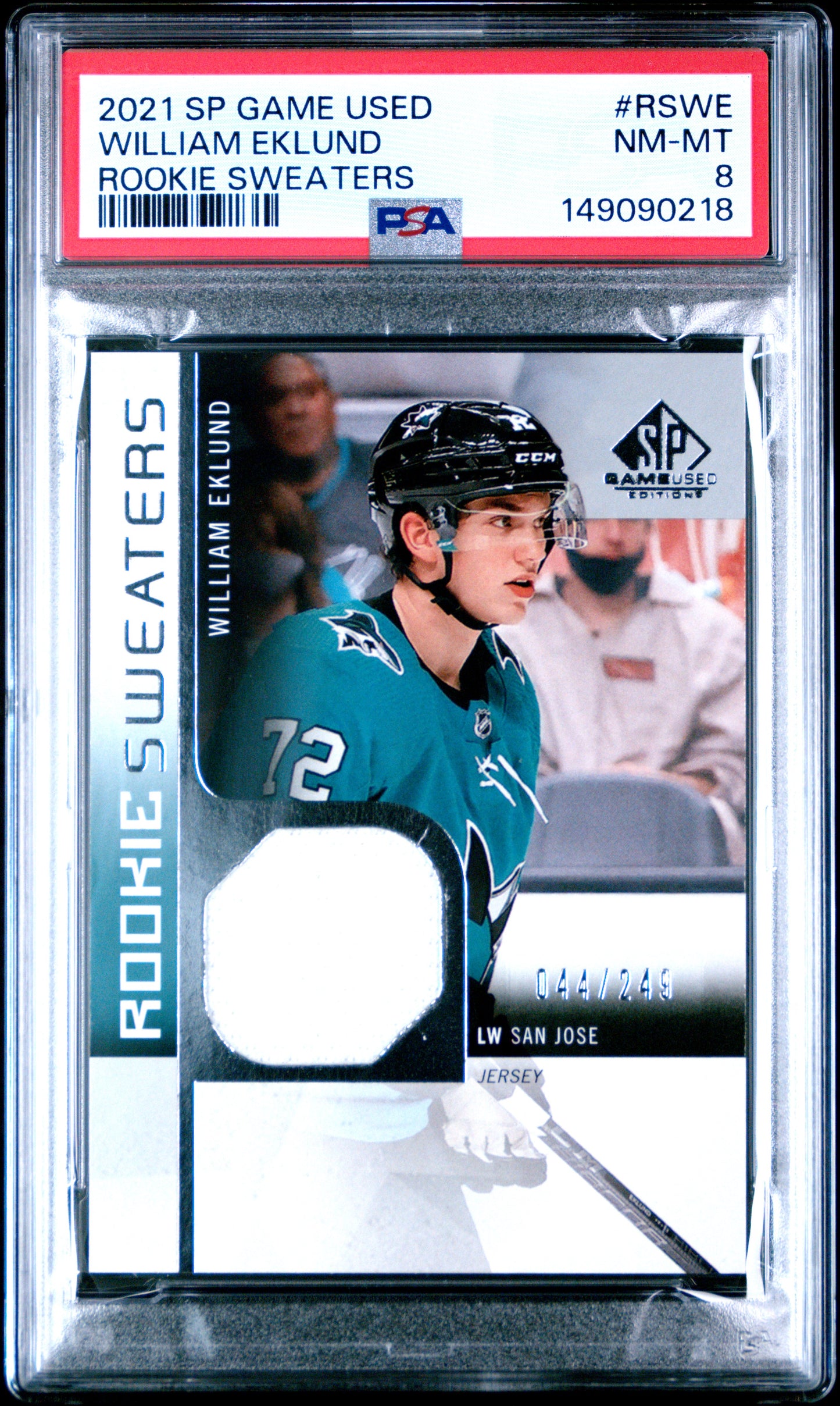2021 Sp Game Used Rookie Sweaters William Eklund #RSWE Rookie Sweaters PSA 8 San Jose Sharks