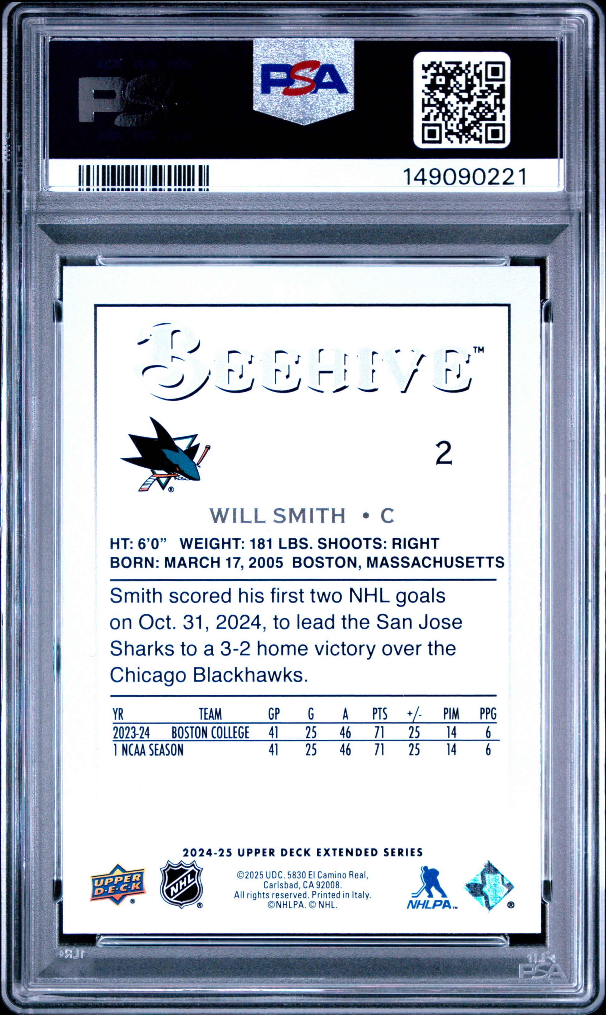 2024 Upper Deck Extended Series Beehive Will Smith #BH5 PSA 9 San Jose Sharks