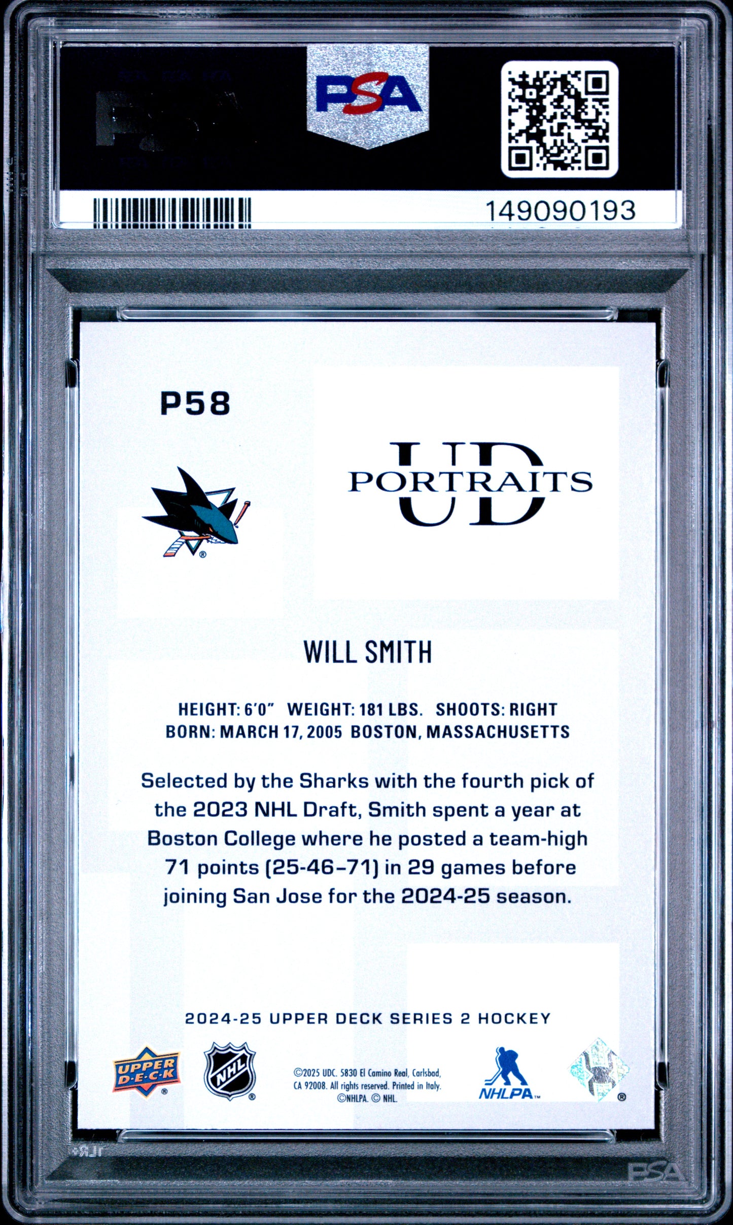 2024 Upper Deck Ud Portraits Will Smith #P58 PSA 9 San Jose Sharks